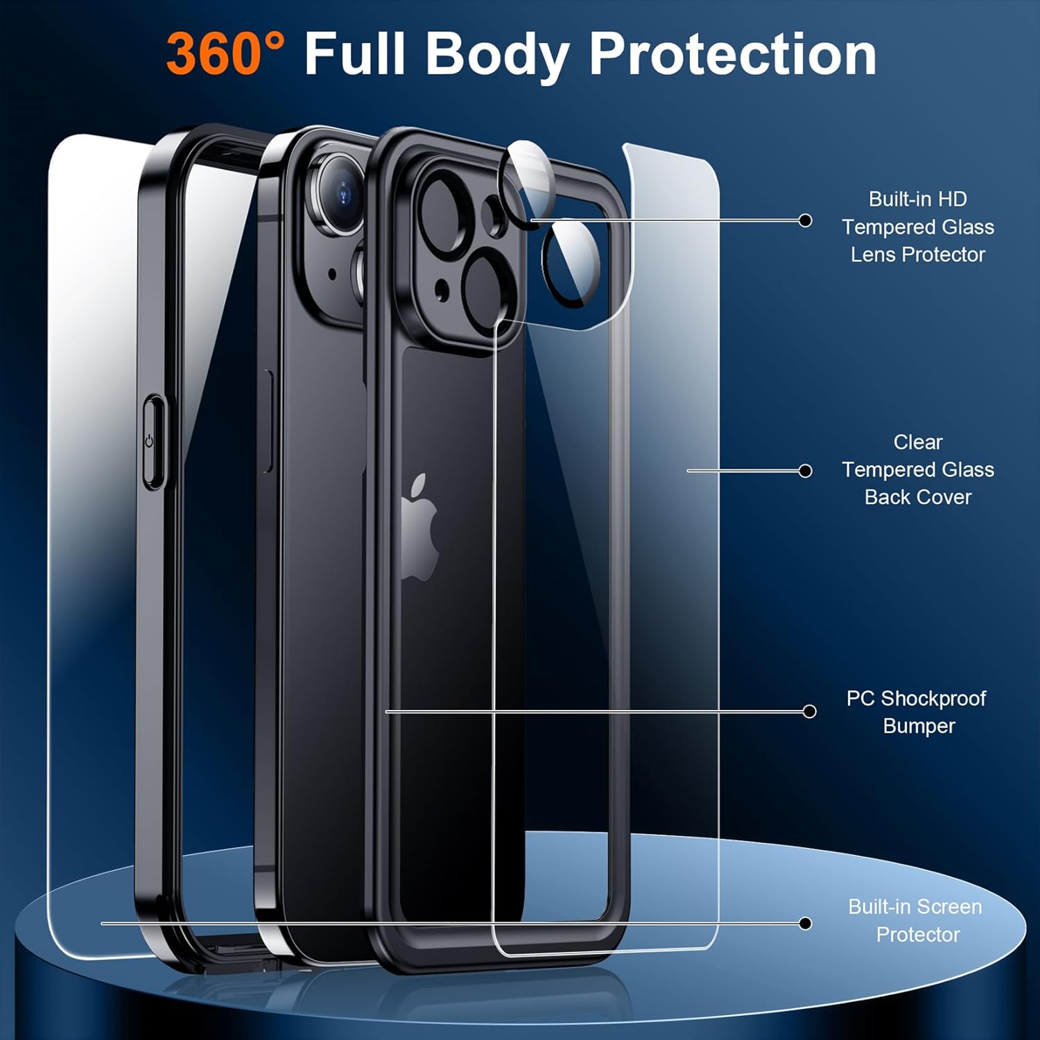 Funda impermeable diseñada para 15 Plus, protección de lente de cámara de vidrio templado 9H integrada IP68 bajo el agua 14 pies militares a prueba
