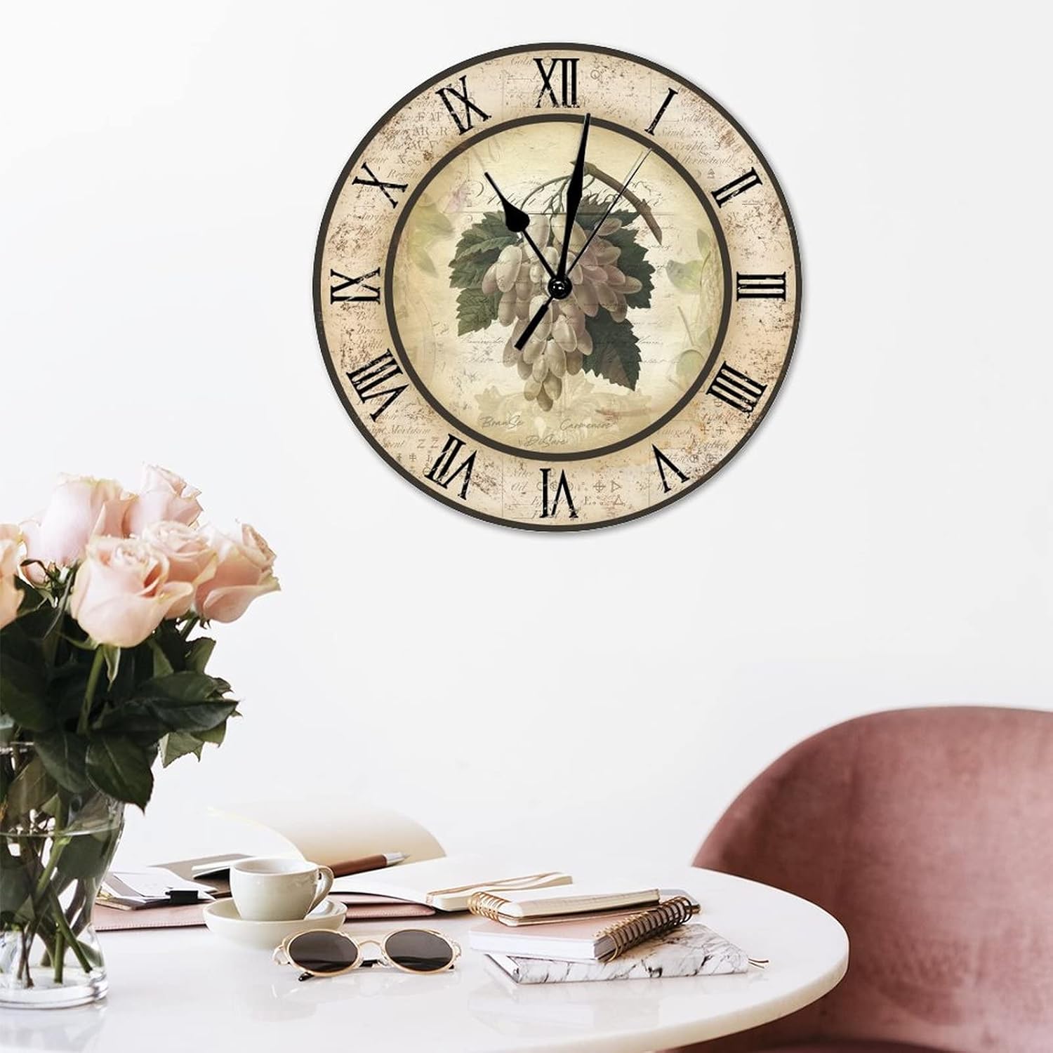 Relojes de pared de madera de vino de uva, relojes antiguos sin marco de 12 pulgadas, silenciosos, sin tictac, funciona con pilas, reloj de pared