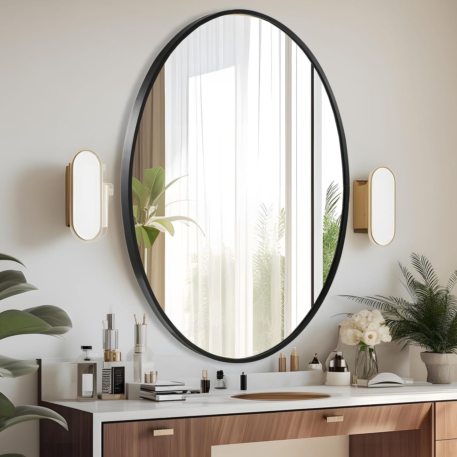 Espejo de pared ovalado, espejo ovalado negro de 22 x 30 pulgadas, espejo de baño con marco de metal, espejo decorativo para montar en la pared para