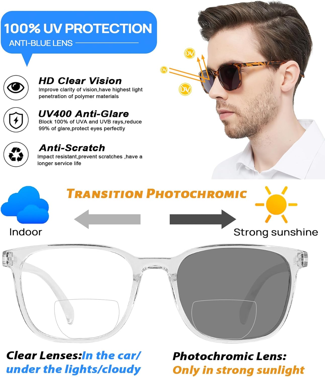 OCCI CHIARI Gafas de lectura bifocales fotocrómicas para hombres,Lectores de gafas de sol de protección UV de amplia transición