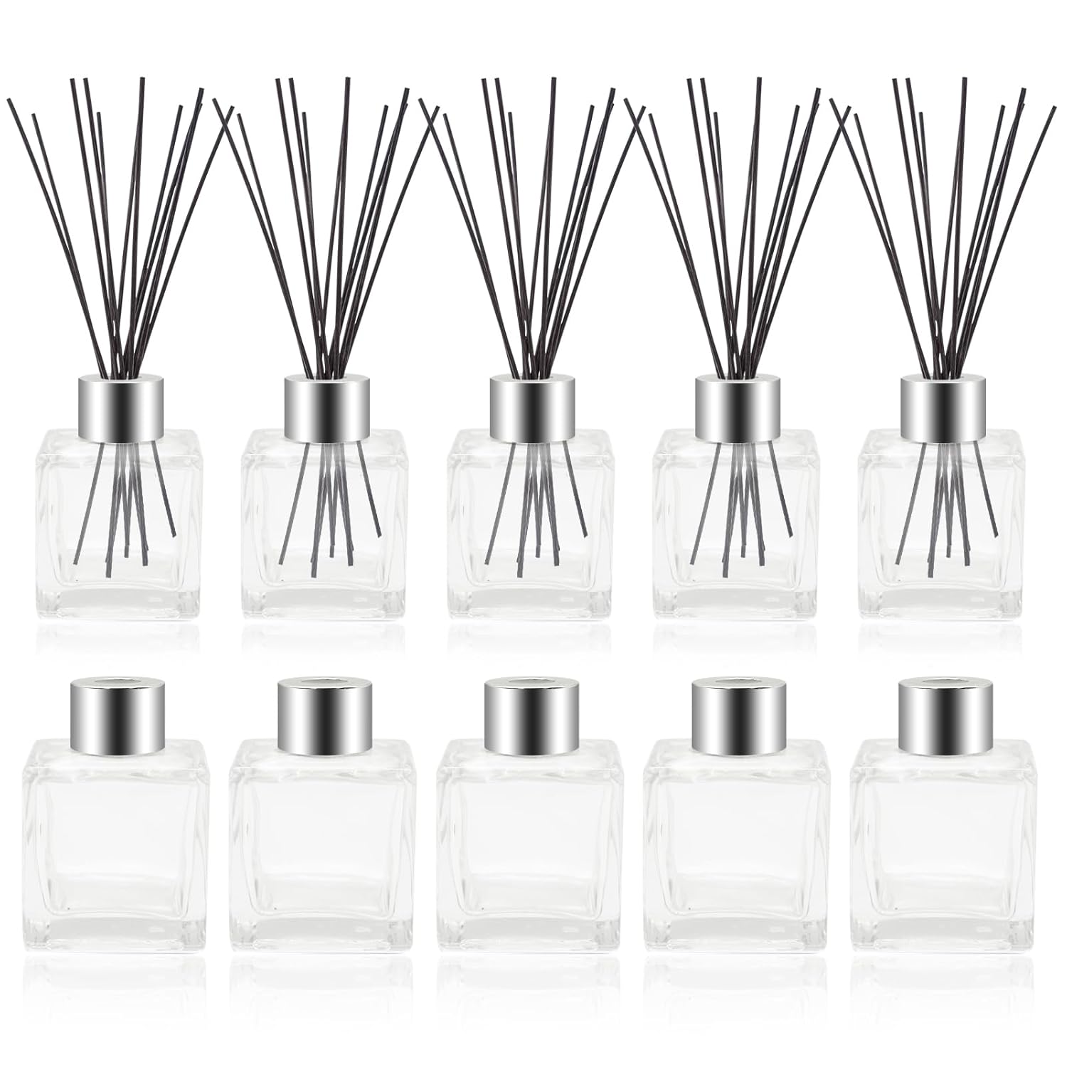 10 botellas difusoras de varillas de vidrio cuadradas vacías con tapas plateadas de 1.7 onzas, difusores de aromaterapia recargables, frascos
