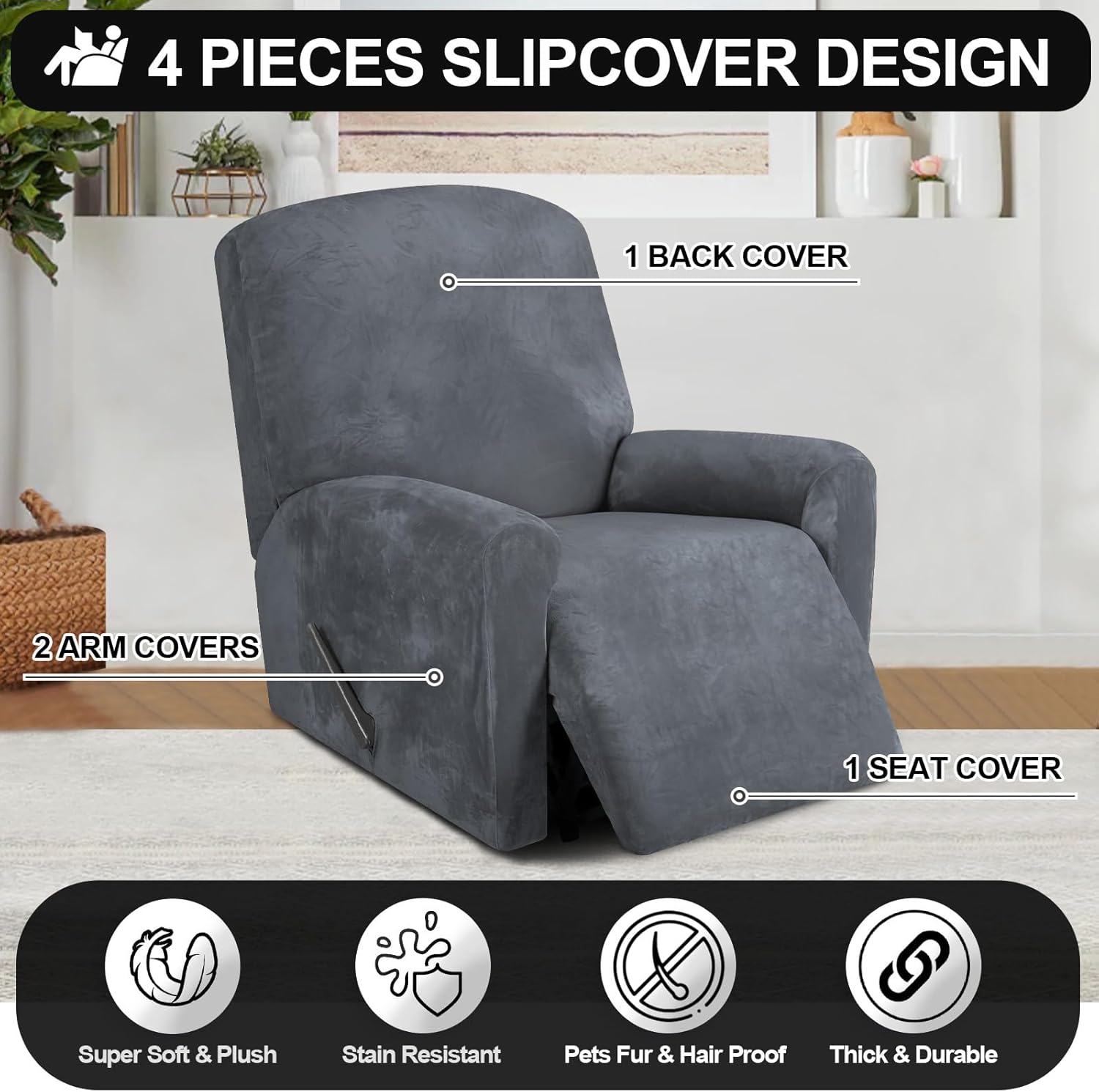FestiCorp Fundas para sillas reclinables, fundas para sillas reclinables de terciopelo real, 4 piezas, para niños pequeños, fundas elásticas para