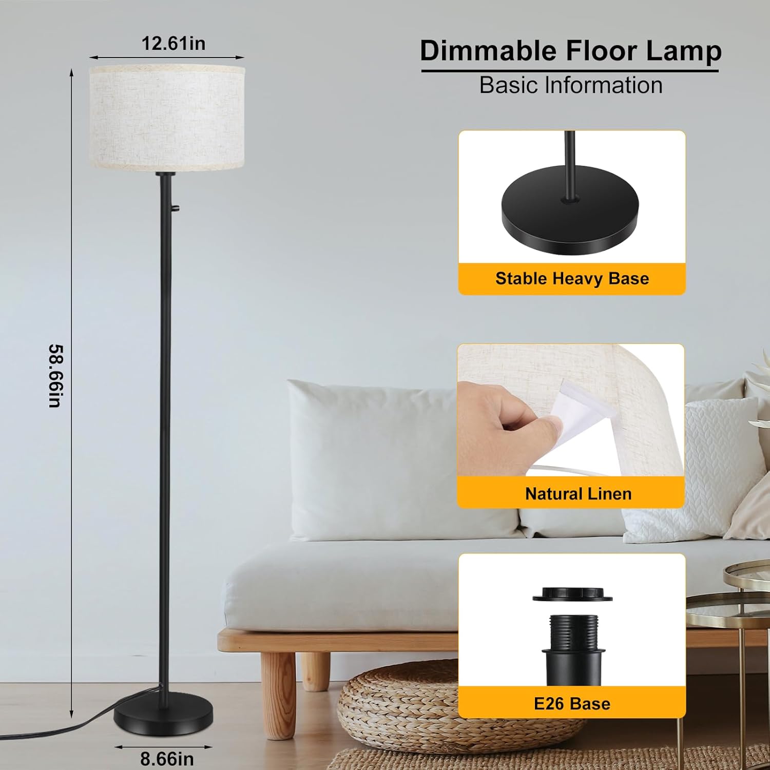Lámparas de pie para sala de estar, lámpara de pie regulable continua, lámpara de pie moderna con interruptor giratorio, pantalla de lino beige,