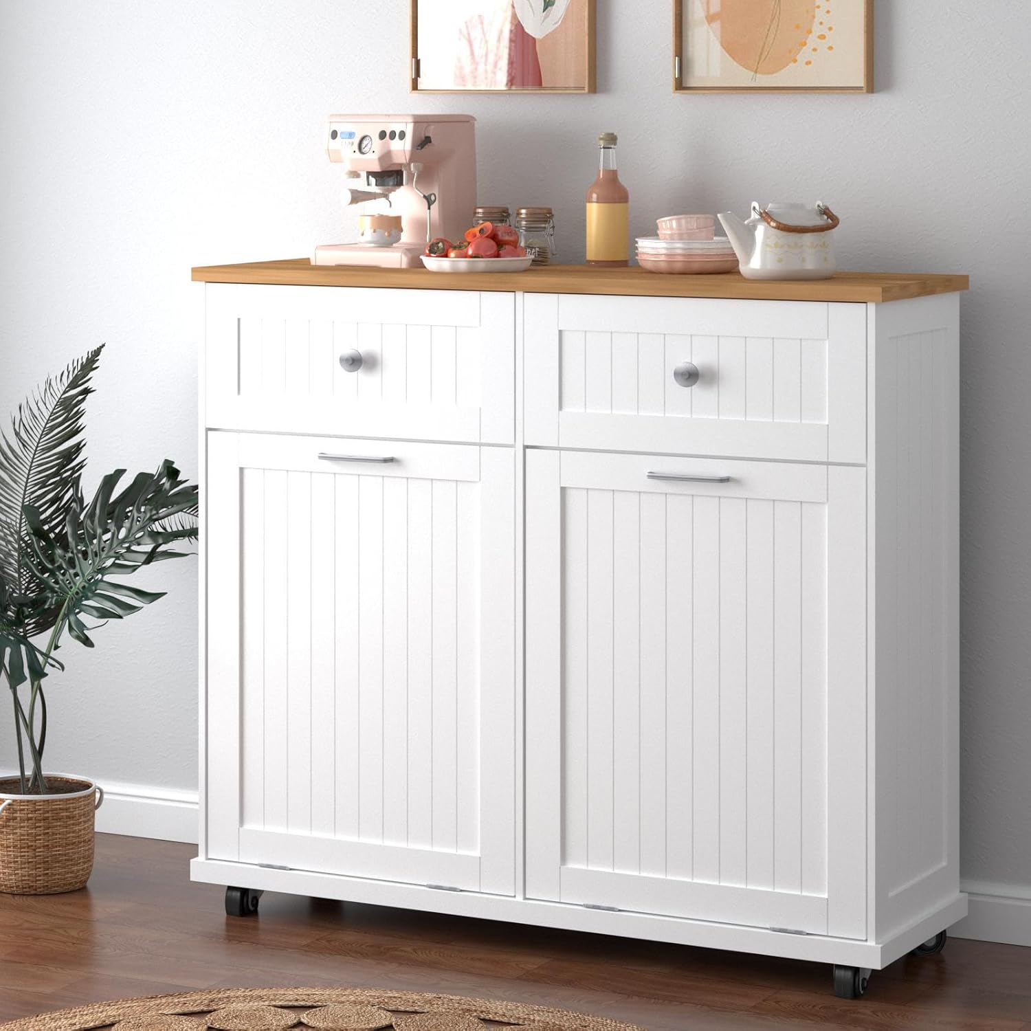 Armario de basura de doble inclinación de 20 galones, armario de reciclaje de basura de madera independiente con cajón y ruedas, gabinete de basura