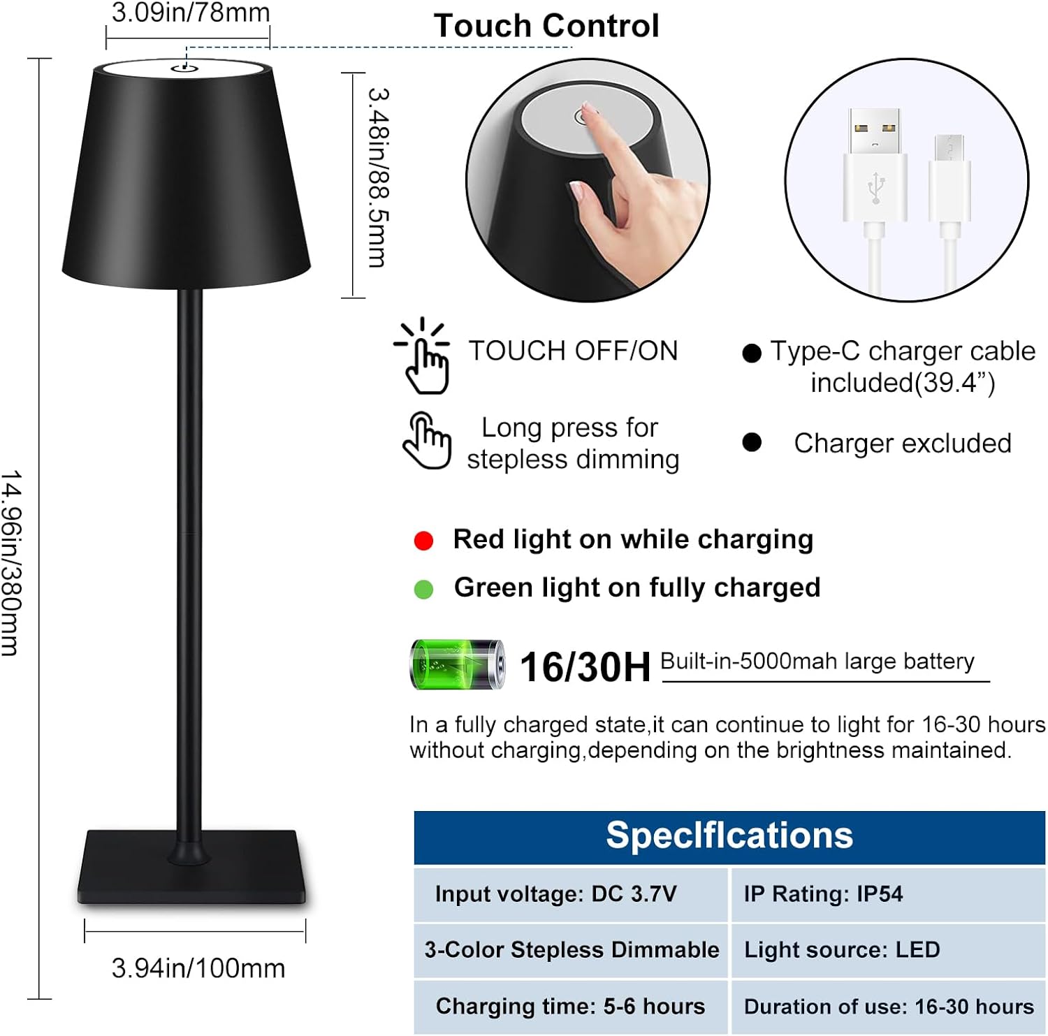 Aiwewin Paquete de 2 lámparas de mesa inalámbricas, lámpara LED portátil de escritorio, funciona con pilas, luz de mesa de 5000 mAh, 3 colores de