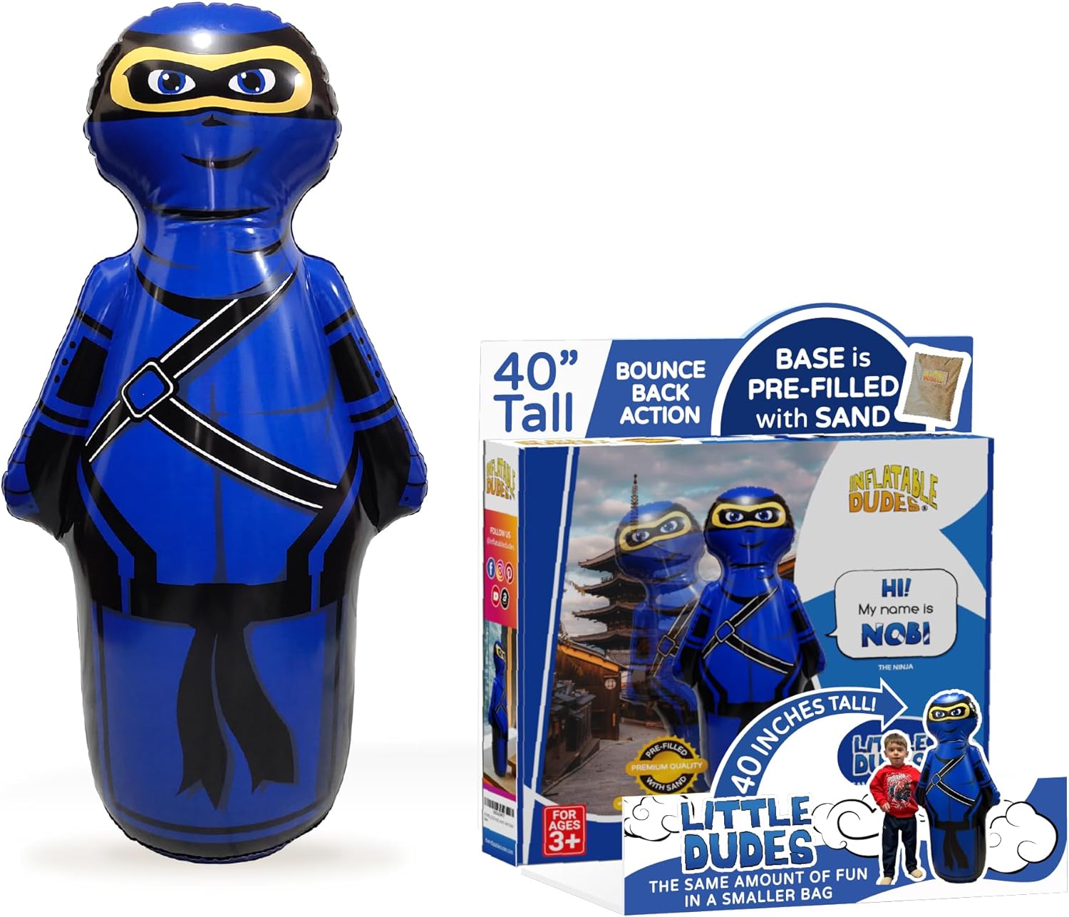 INFLATABLE DUDES Pequeño ninja de 40 pulgadas – Saco de boxeo para niños  Ya lleno de arena  Bolsa Bop  Juguete inflable de boxeo  Acción de rebote