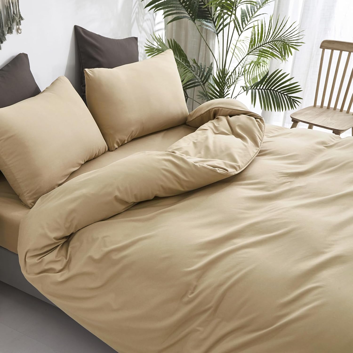 Luxlovery Juego de edredón beige champán, tamaño California King, color beige oscuro, tamaño California King, color gris topo, suave, transpirable,
