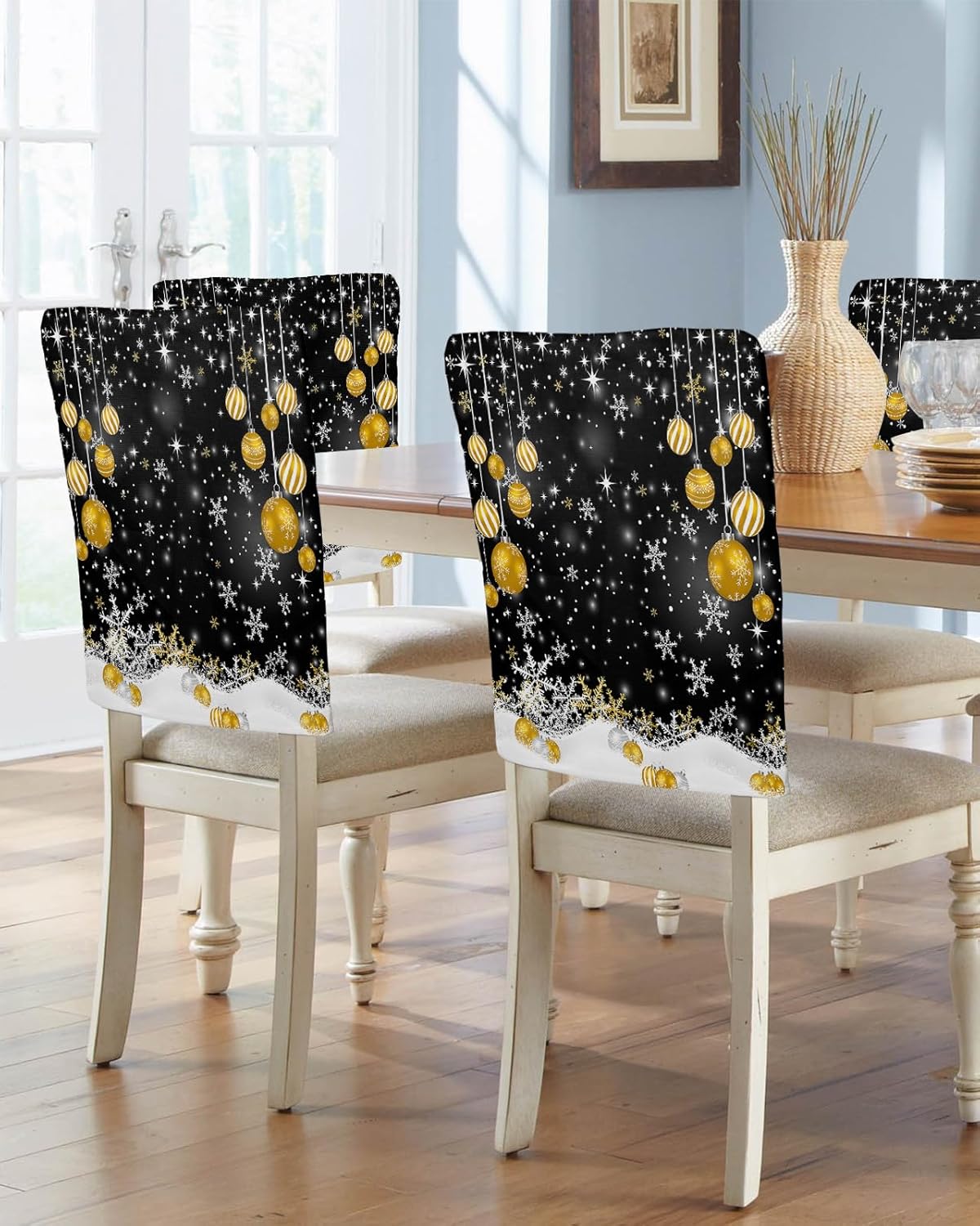 AMZRicher Paquete de 4 fundas de respaldo de bolas de Navidad para sillas de comedor, lavables, extraíbles y lavables, protector de silla para boda,