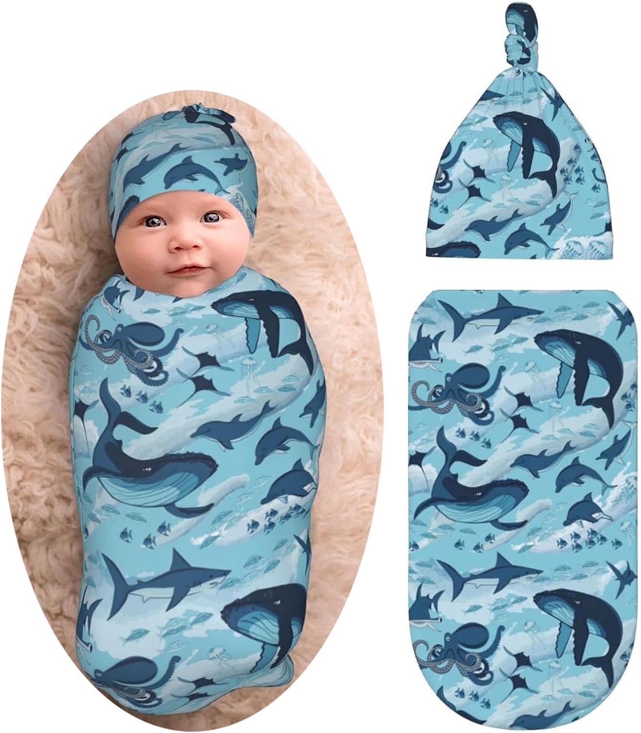 Manta envolvente para recién nacido, con diseño de delfines, tiburones, ballena, pulpo, manta suave con gorro, regalos para niños y niñas