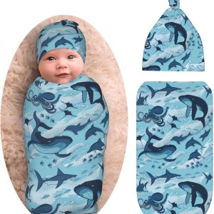 Manta envolvente para recién nacido, con diseño de delfines, tiburones, ballena, pulpo, manta suave con gorro, regalos para niños y niñas Manta envolvente para recién nacido, con diseño de delfines, tiburones, ballena, pulpo, manta suave con gorro, regalos para niños y niñas