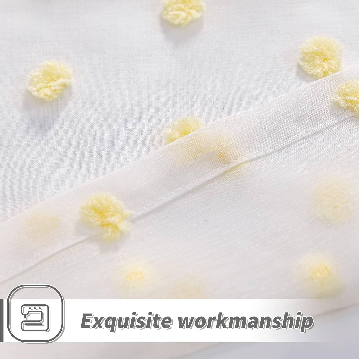 MYSKY HOME Cortinas para dormitorio, cortinas con pompones amarillos para sala de estar, 72 pulgadas de largo, cortinas traslúcidas blancas para