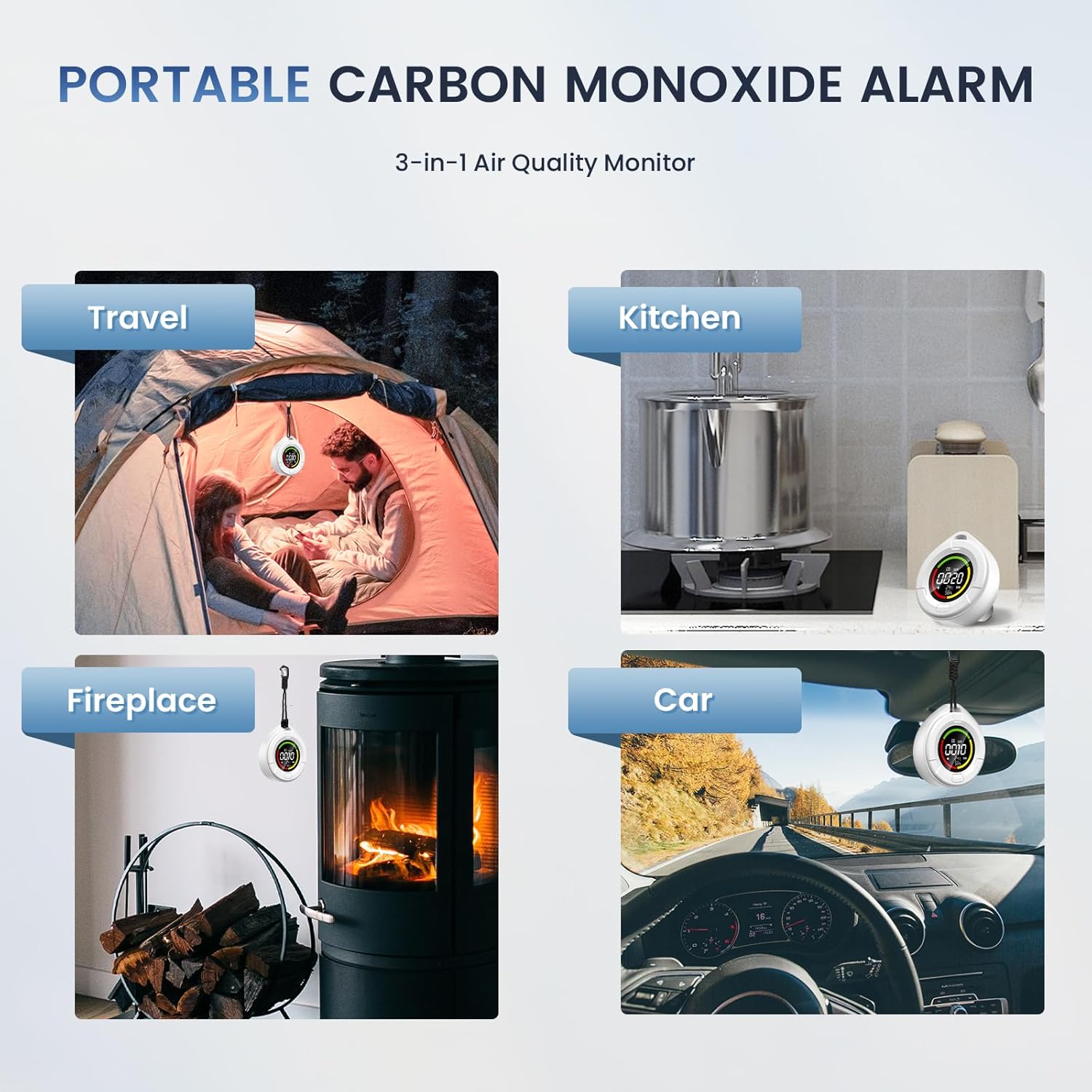 Chtoocy Detector de monóxido de carbono portátil para viajes, alerta segura, detector de CO para caravanas, detector de humo para camping,