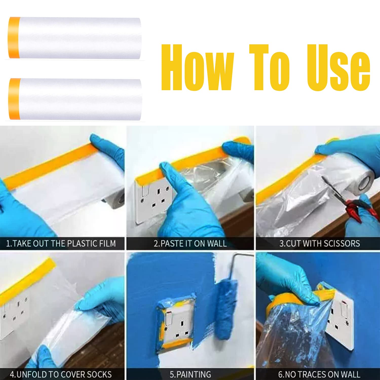 Cinta y cortina, película adhesiva precintada, 2 rollos de papel para pintores automotrices, rollo de película protectora adhesiva para cubrir