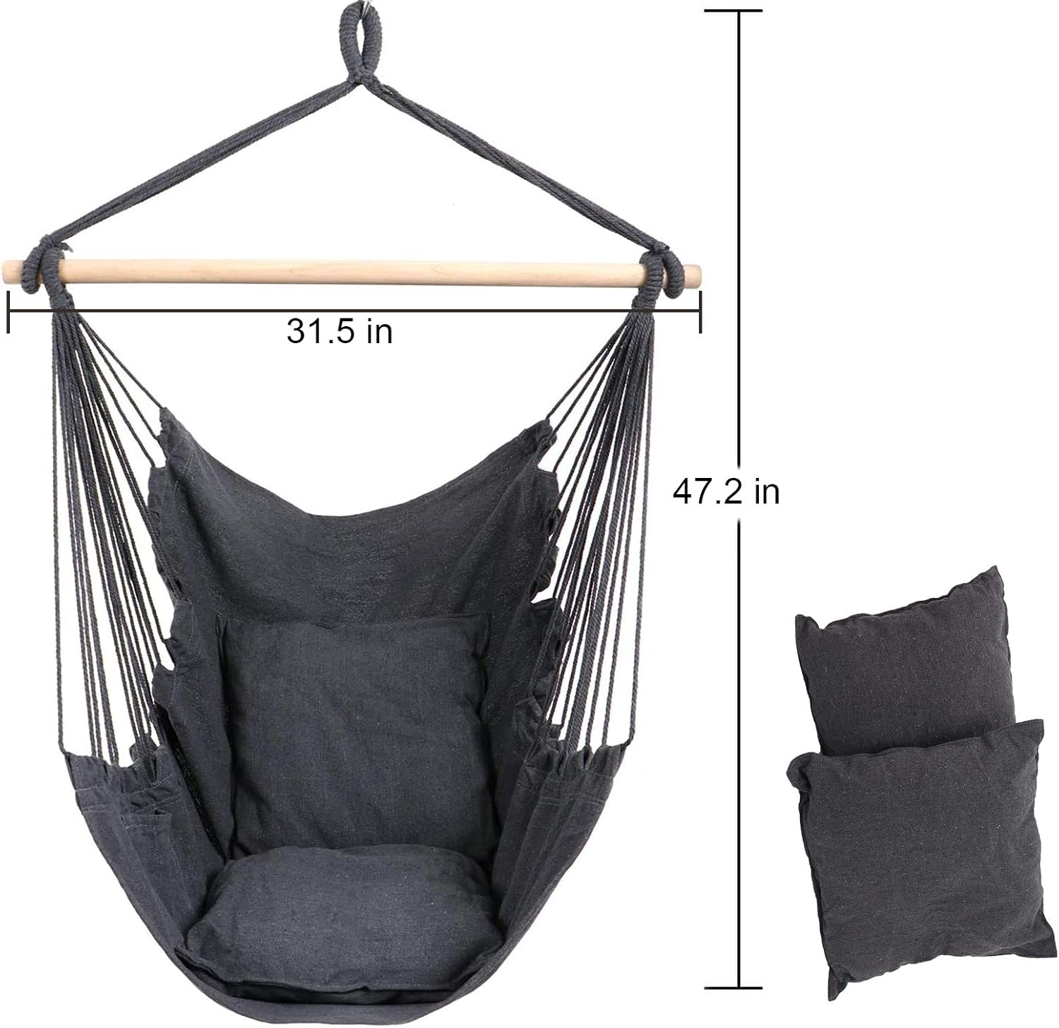 Silla hamaca columpio, silla colgante de macramé, lona de algodón, incluye dos cojines de asiento suaves, silla hamaca colgante de cuerda para