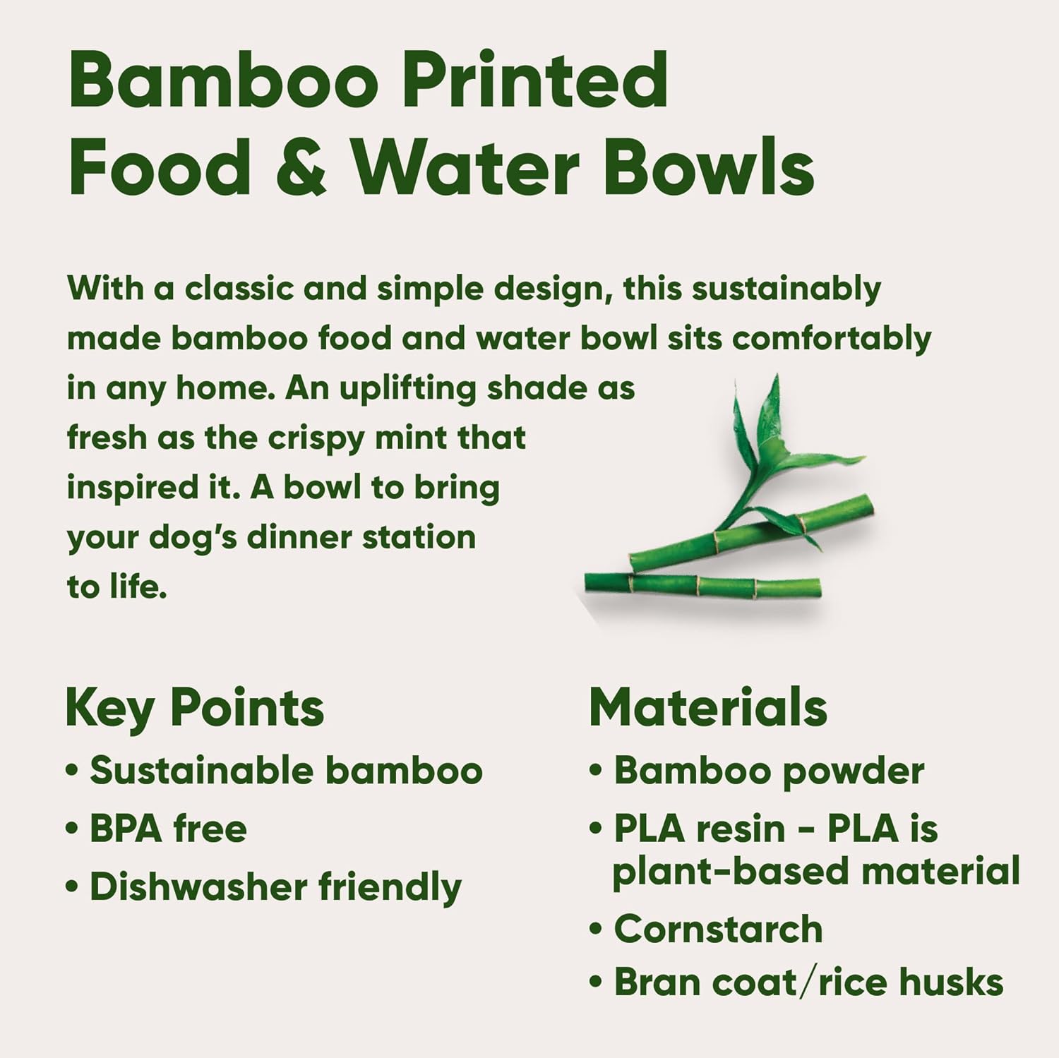 Beco Cuenco de bambú clásico impreso para comida y agua para perros, menta fresca inspirada en la naturaleza, grande