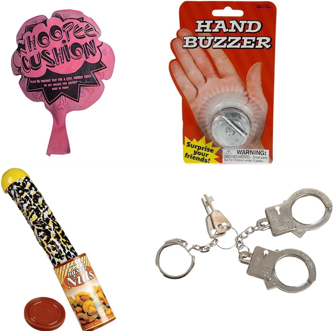 4 trucos y bromas, serpiente en lata, zumbador de mano, cojín WHOOPEE, paquete de puños para el pulgar
