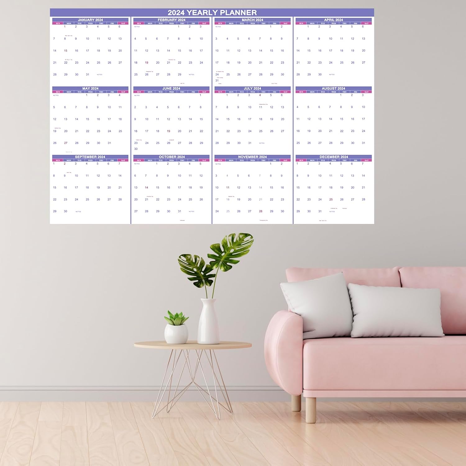 Calendario de pared 2024 borrable de 32 x 48 pulgadas, borrado en húmedo y seco, laminado de 12 meses, calendario anual anual de pared de 2 lados,