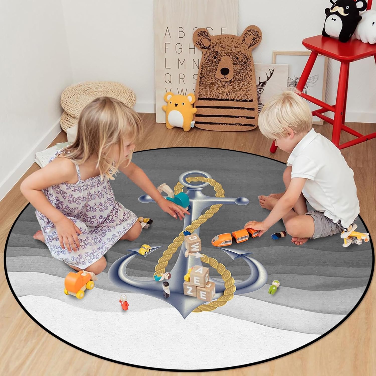 Alfombra redonda antideslizante para niños, alfombra náutica residencial gris para sala de estar, comedor, cocina, decoración de alfombras de