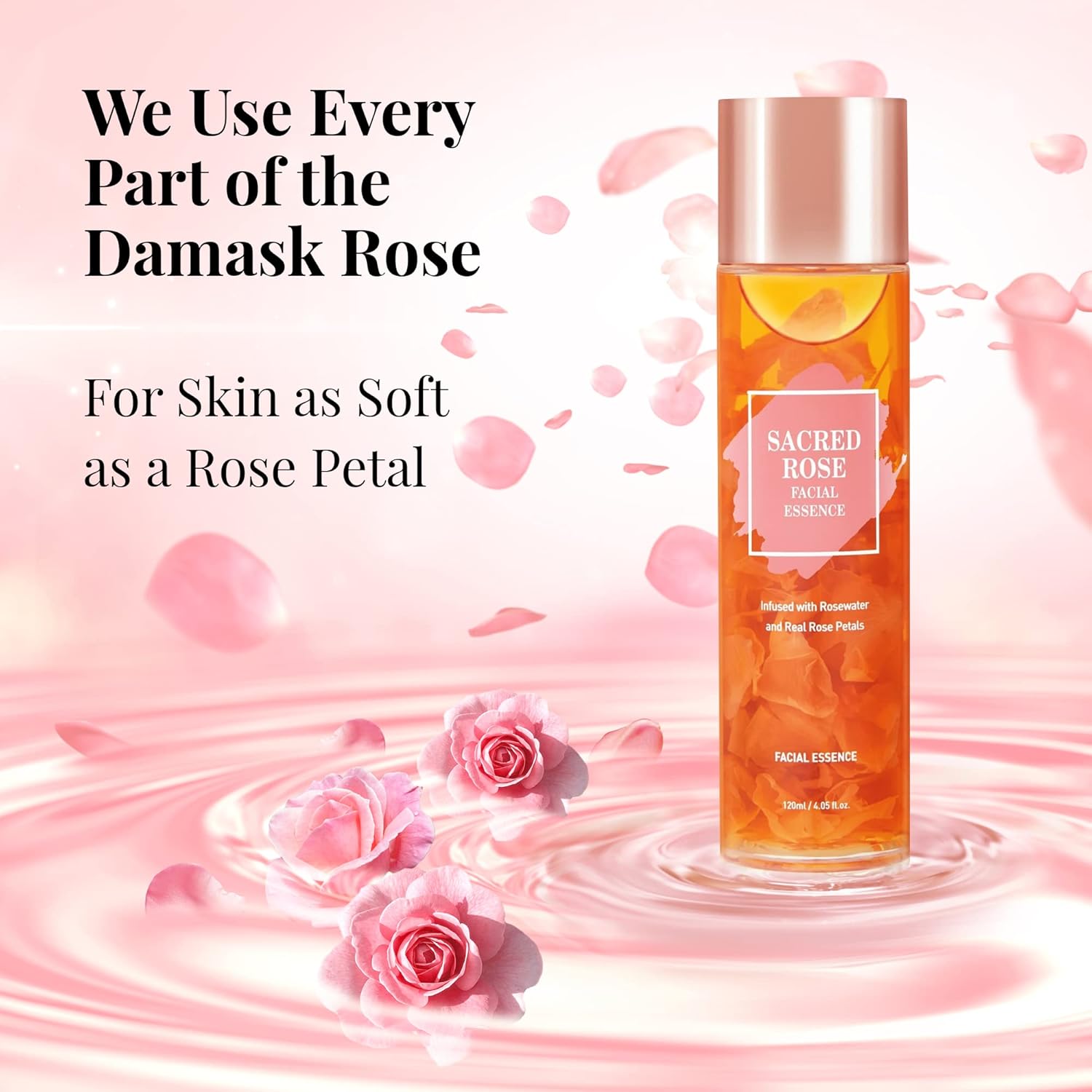 K BEAUTY SACRED ROSE FACIAL ESSENCE – Suero iluminador facial infundido con agua de rosas y 6 tipos de suero de ácido hialurónico para la cara que