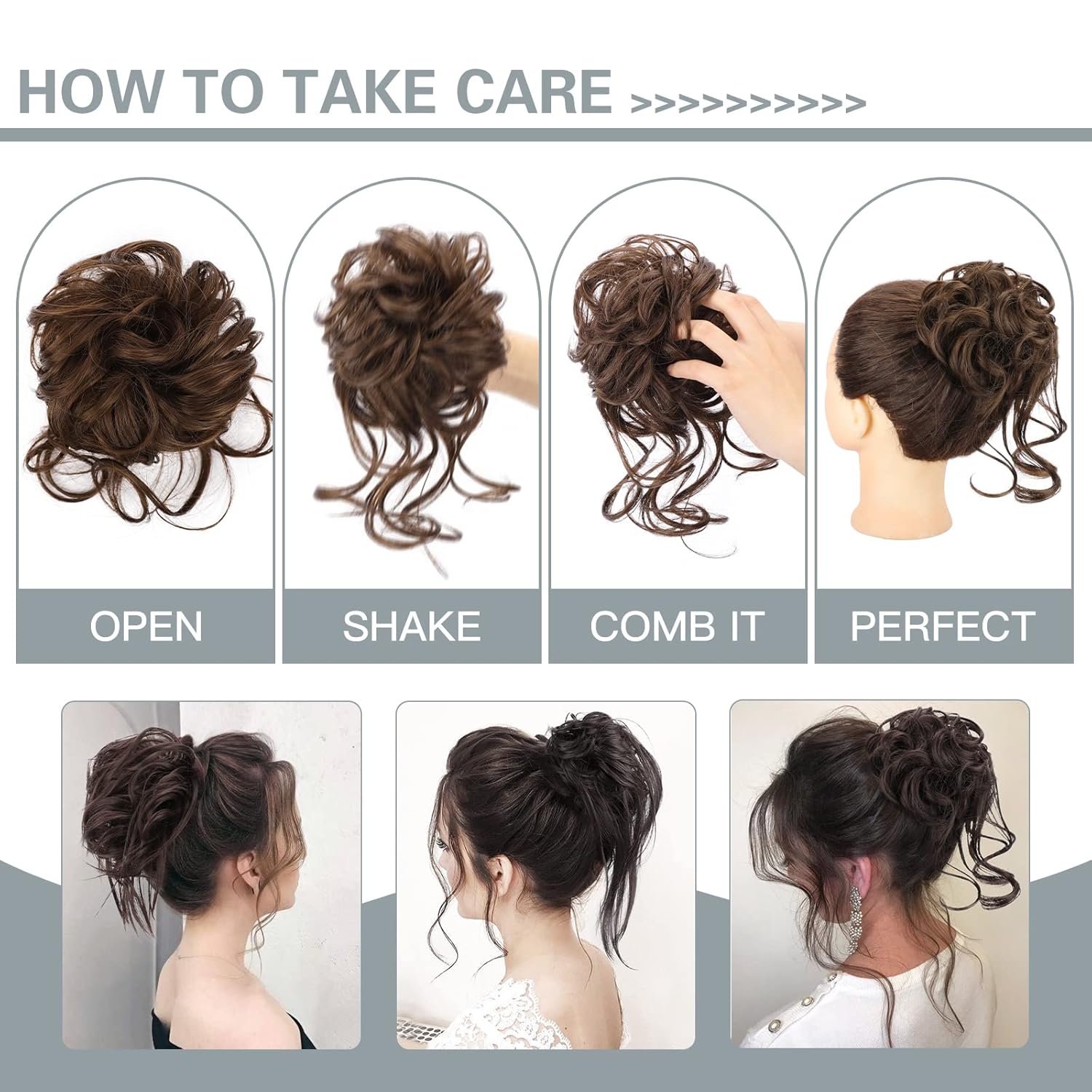 HMD Juego de 5 piezas de moño despeinado para mujer, extensión de cola de caballo con banda de goma elástica, extensión de cabello largo y