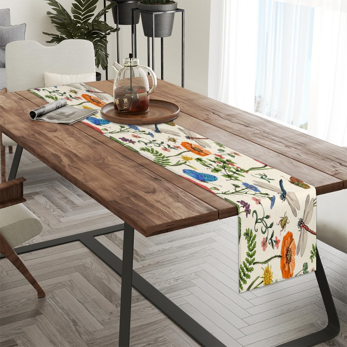 Table Runner Flower Butterfly Dragonfly, Rustic Linen Table Cloth for Farmhouse Kitchen, Dinner, Events, Party, Holiday Table Decor 13 x 36 Inches