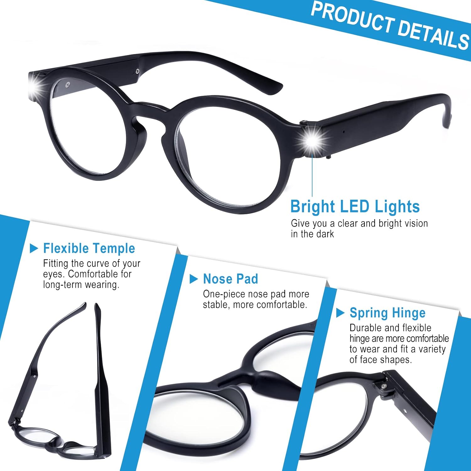 Gafas de lectura con luces para hombres y mujeres, recargables, con bloqueo de luz azul, antifatiga ocular