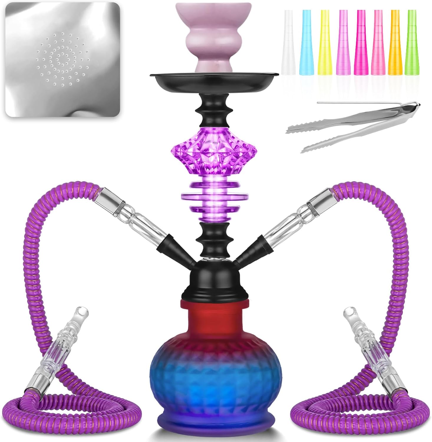 Juego de cachimba de 12 pulgadas con 2 mangueras Shisha Hookah Set con todo – Jarrón de vidrio moderno, 50 láminas de narguile y 50 puntas de