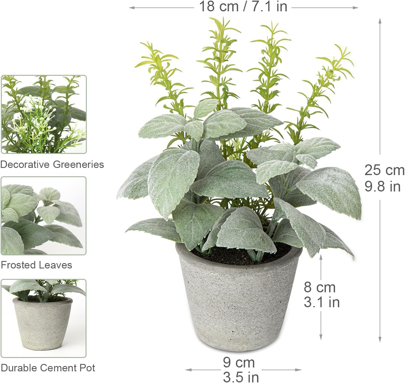 Briful Plantas artificiales de menta falsas, plantas de hierbas artificiales esmeriladas en maceta de cemento, vegetación realista para interiores
