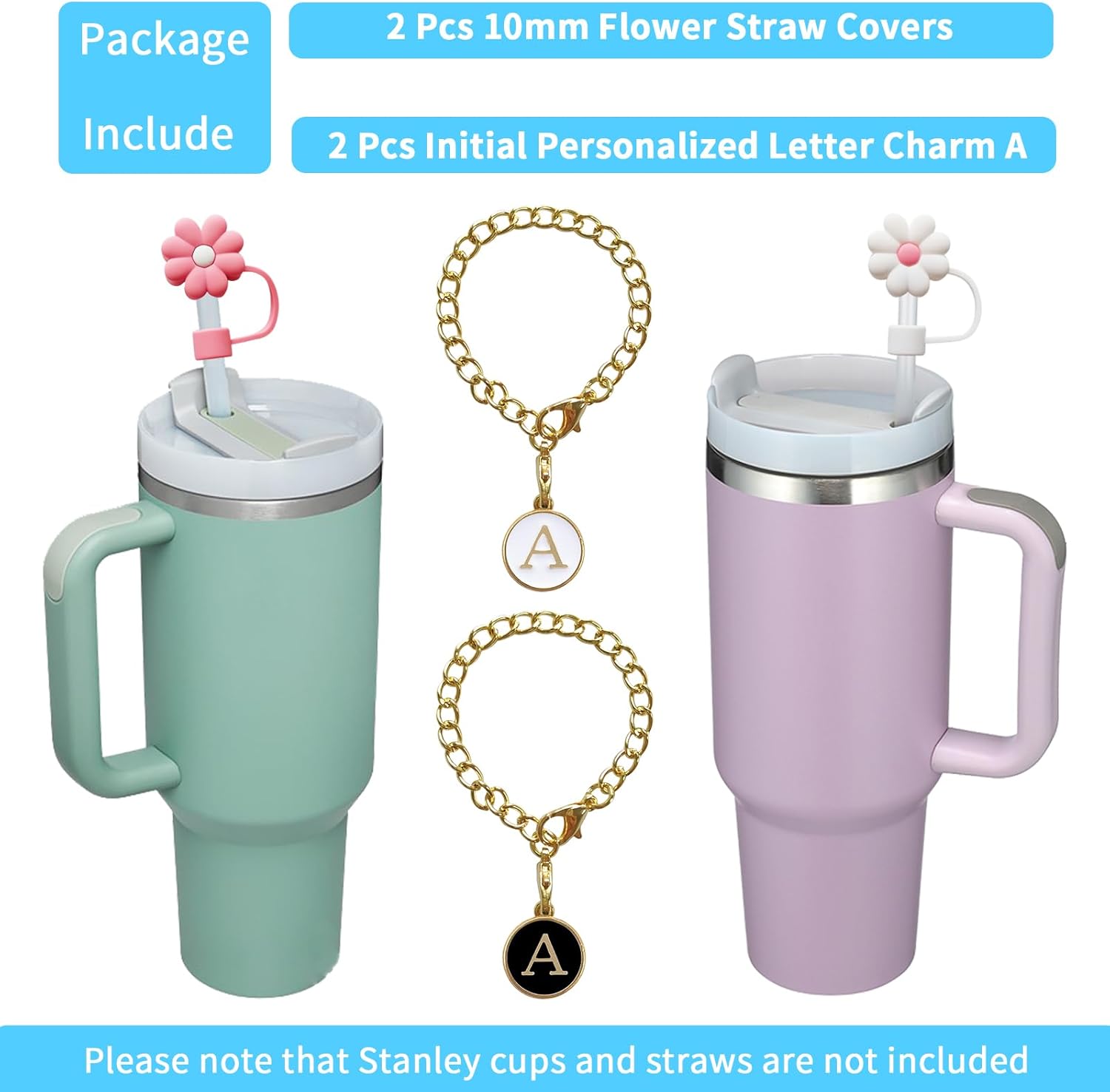 Stanley Cup – 2 fundas de popote para copa Stanley de 30 y 40 onzas, 0.394 in, tapa protectora de pajita de silicona con 2 dijes de letras iniciales