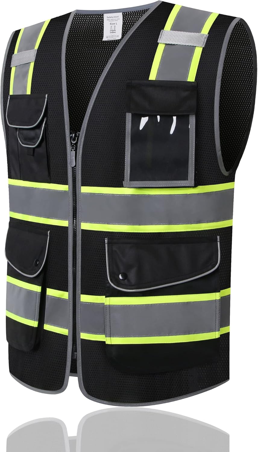 Ekkosafety Chaleco de seguridad de malla reflectante de alta visibilidad para hombres y mujeres, con 9 bolsillos y cremallera frontal, ropa de