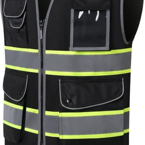 Ekkosafety Chaleco de seguridad de malla reflectante de alta visibilidad para hombres y mujeres, con 9 bolsillos y cremallera frontal, ropa de Ekkosafety Chaleco de seguridad de malla reflectante de alta visibilidad para hombres y mujeres, con 9 bolsillos y cremallera frontal, ropa de