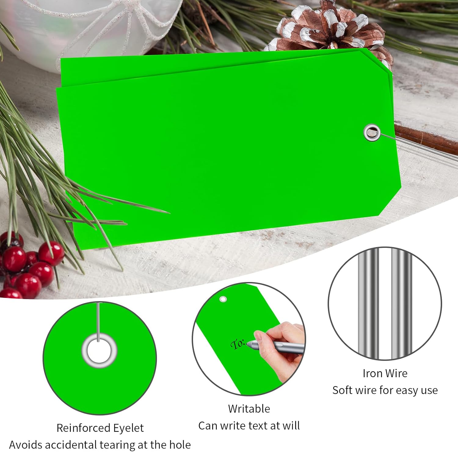 200 etiquetas de envío de plástico verde de 4 34 pulgadas x 2 38 pulgadas, etiquetas impermeables de alambre, etiquetas de envío, etiquetas