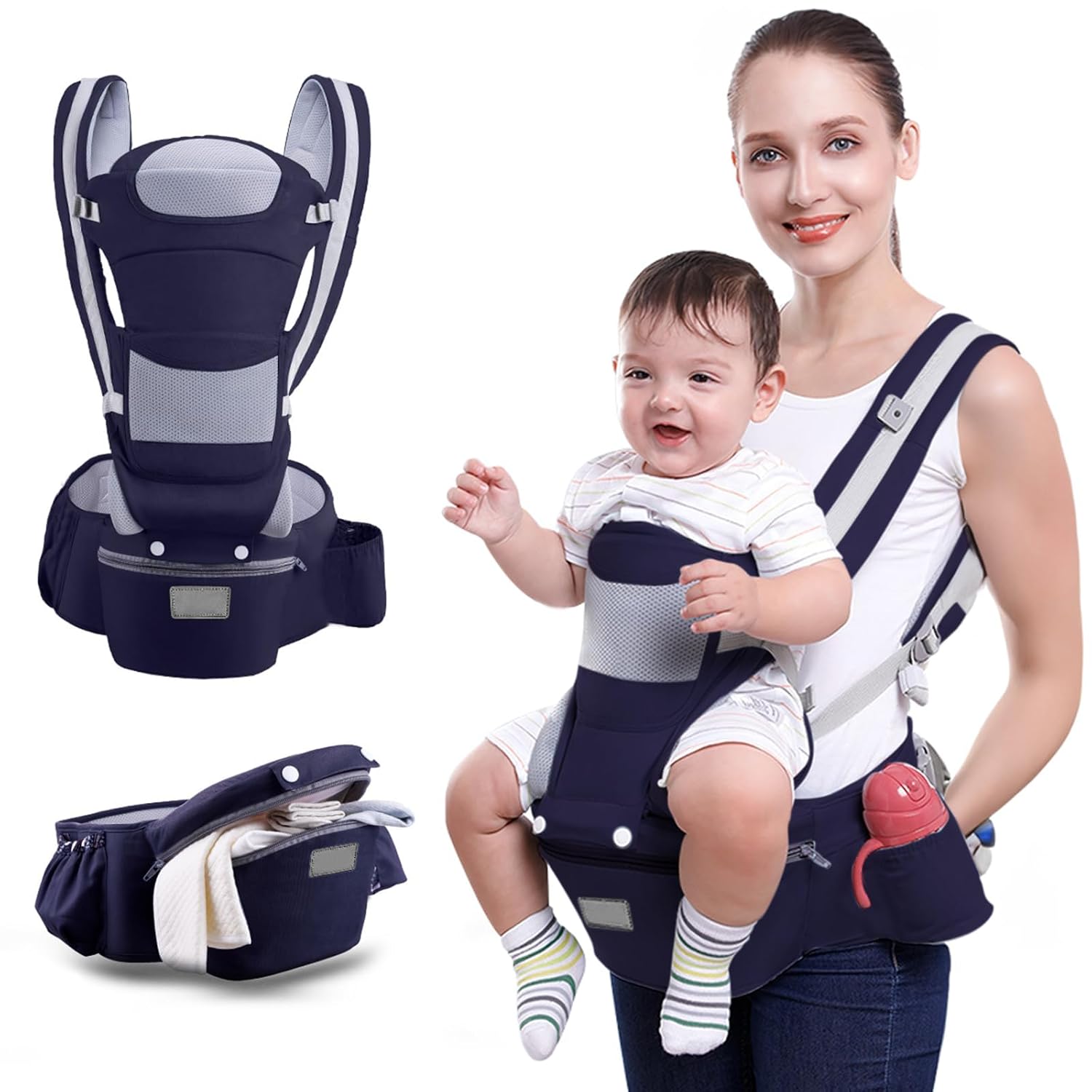 Portabebés, portabebés con asiento de cadera para bebés de 0 a 48 meses, 15 en 1 formas de llevar, todas las estaciones, tamaño ajustable con