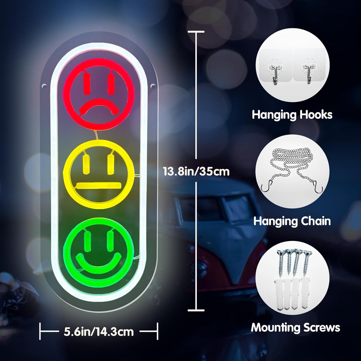 Letrero de neón con cara sonriente para decoración de pared, letrero LED de semáforo, letreros de luces de neón regulables para habitación de niños,