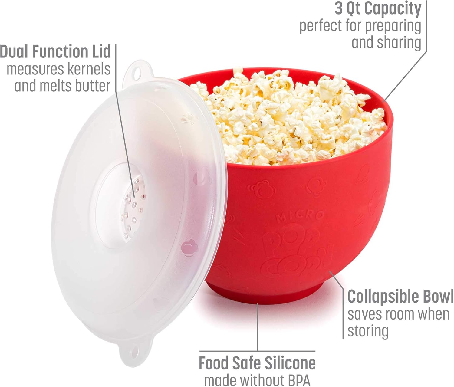 Goodful Palomitas de maíz de silicona, plegable para hacer palomitas de maíz para microondas, cuenco hecho sin BPA, rojo