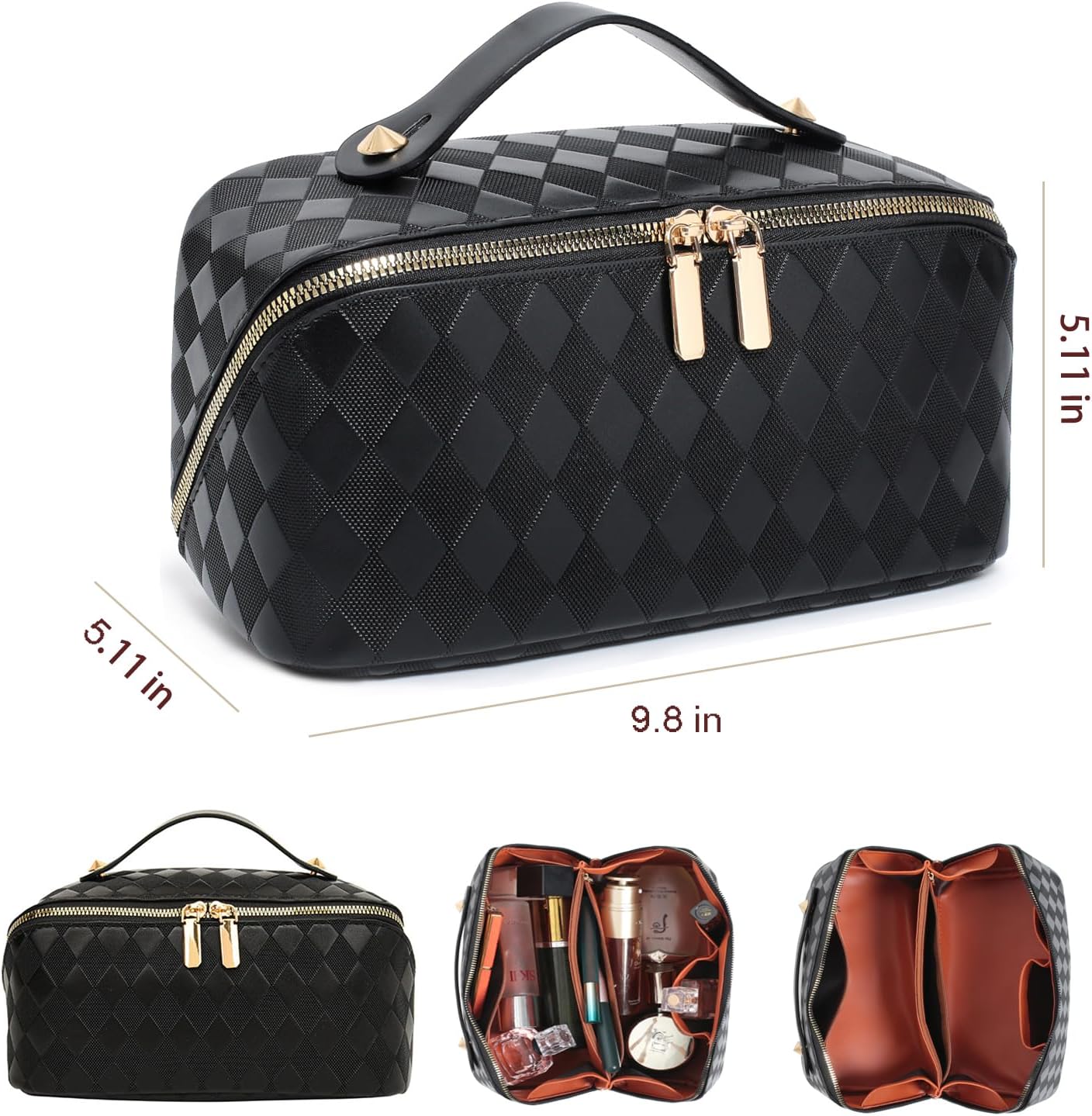 Bolsa de maquillaje de viaje, bolsa de maquillaje de gran apertura, bolsa de maquillaje portátil que se abre plana para un fácil acceso, bolsa de