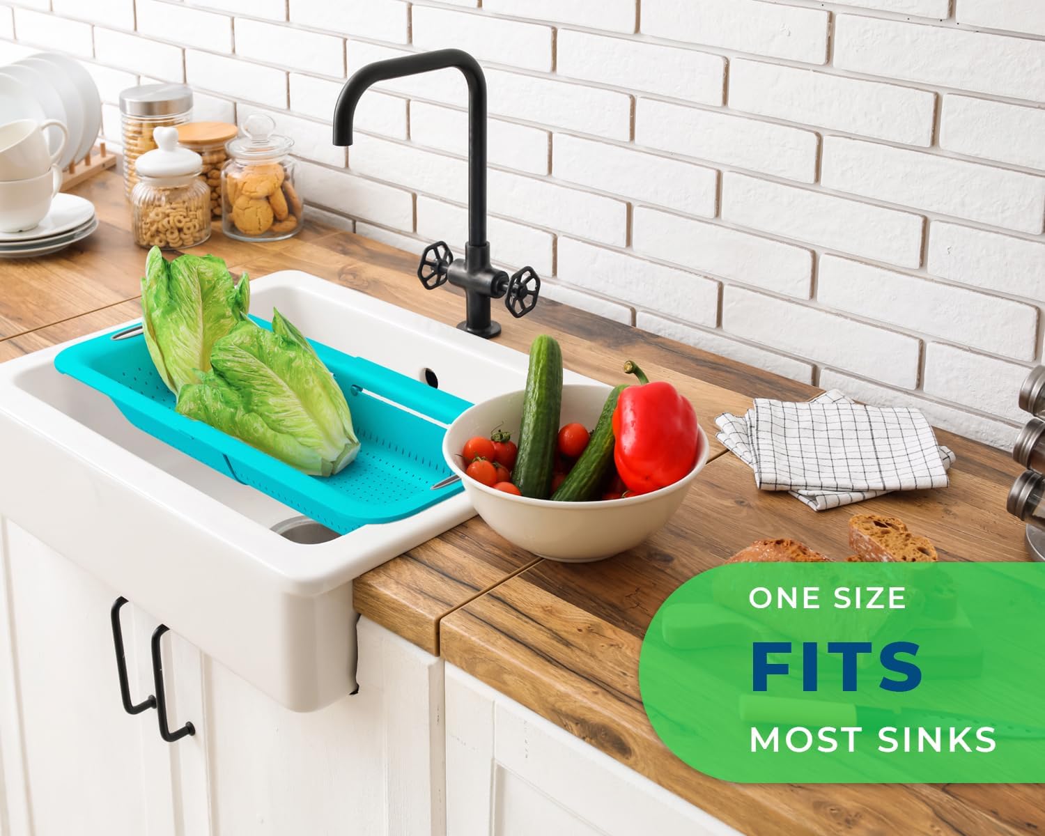 Colador sobre el fregadero de Comfify – Colador de cocina elegante y moderno – Uso con pasta, verduras, granos, arroz y bayas y frutas – Azul pavo
