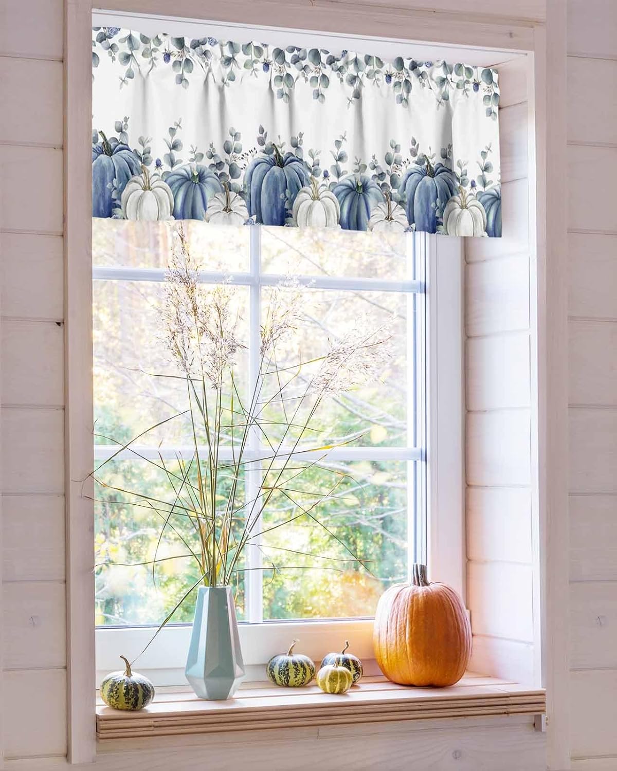 Cenefa de cortina de cocina con calabazas blancas y azules, cenefas cortas de otoño, para sala de estar, dormitorio, baño, cafetería, decoración de
