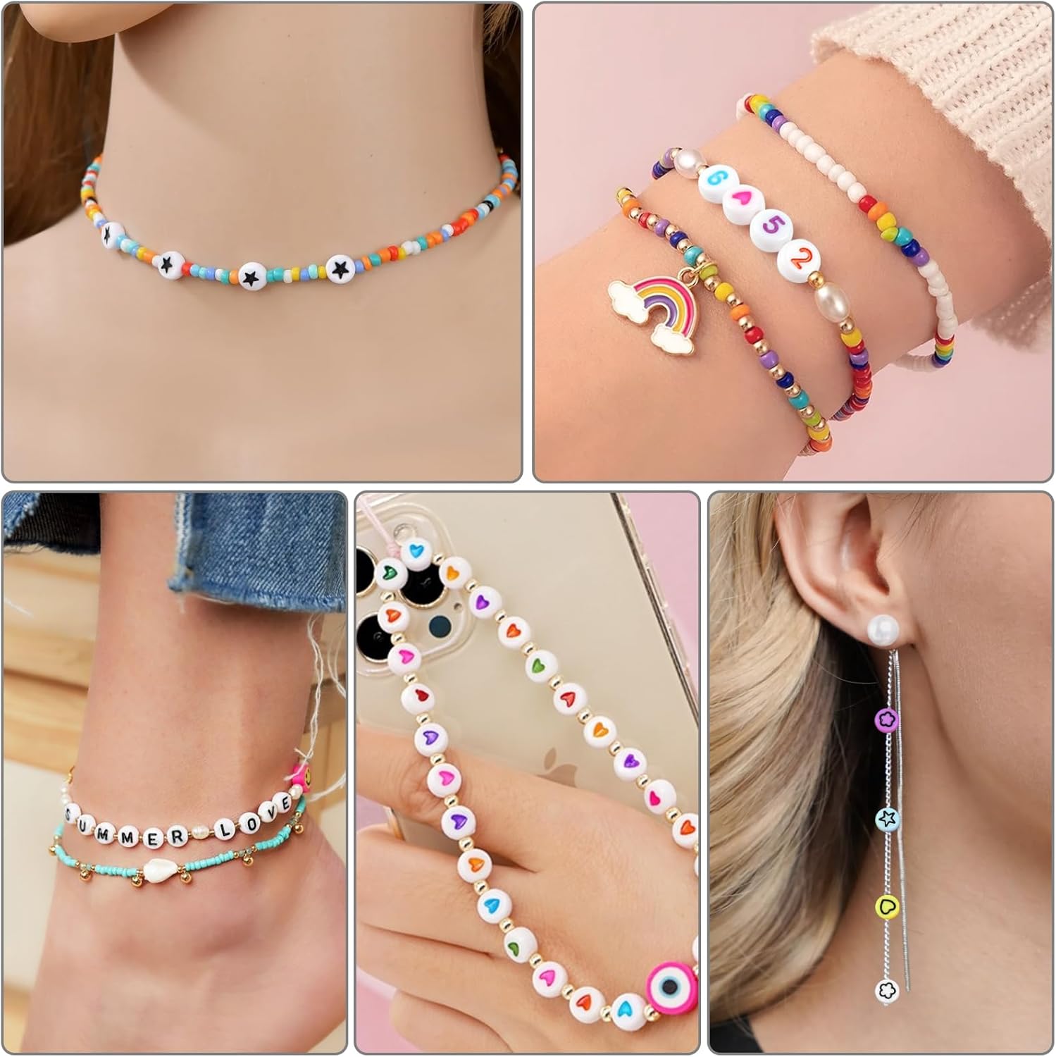 1300 cuentas de letras, cuentas de pulsera acrílicas, cuentas de letras oblatas para pulseras, números coloridos, estrellas, luna, amor, alfabeto,