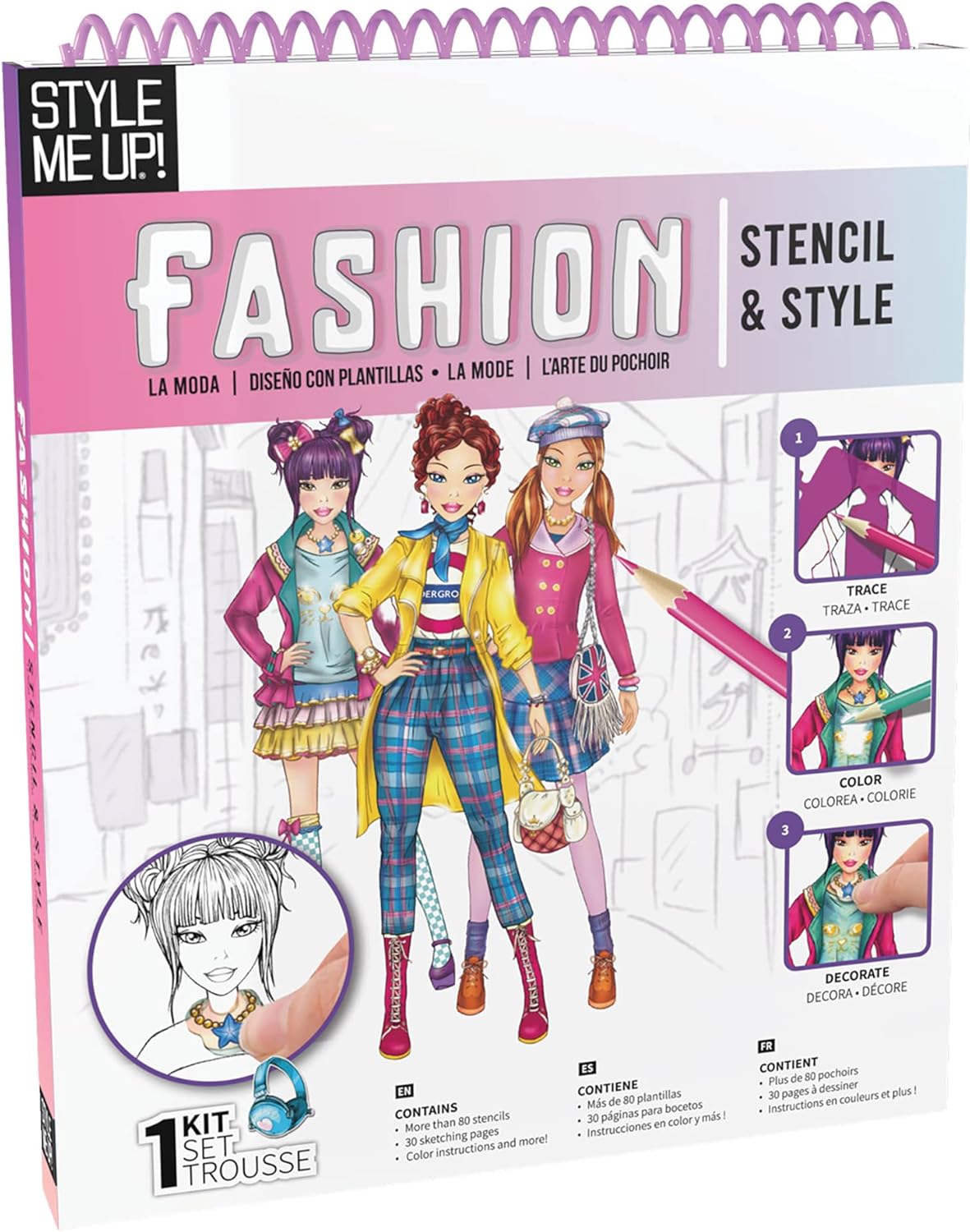 Style Me Up Plantilla y estilo de moda, kit de arte para niños, incluye 30 plantillas de modelos para elegir, más de 80 plantillas de moda para