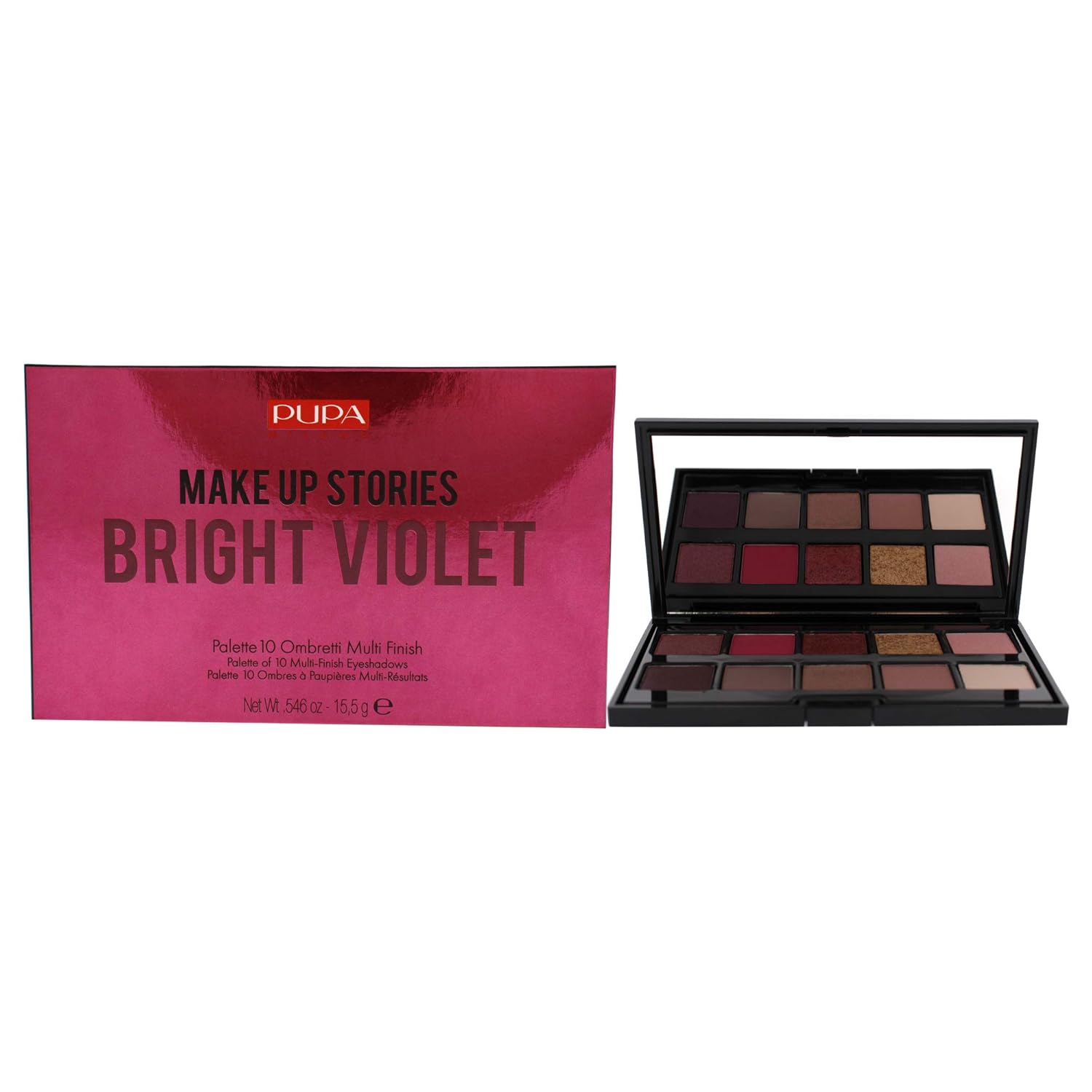 Pupa Milano Make Up Stories Paleta de sombras de ojos 003 Bright Violet – Colección de sombras de 10 sombras con opciones de color mate, satinado y
