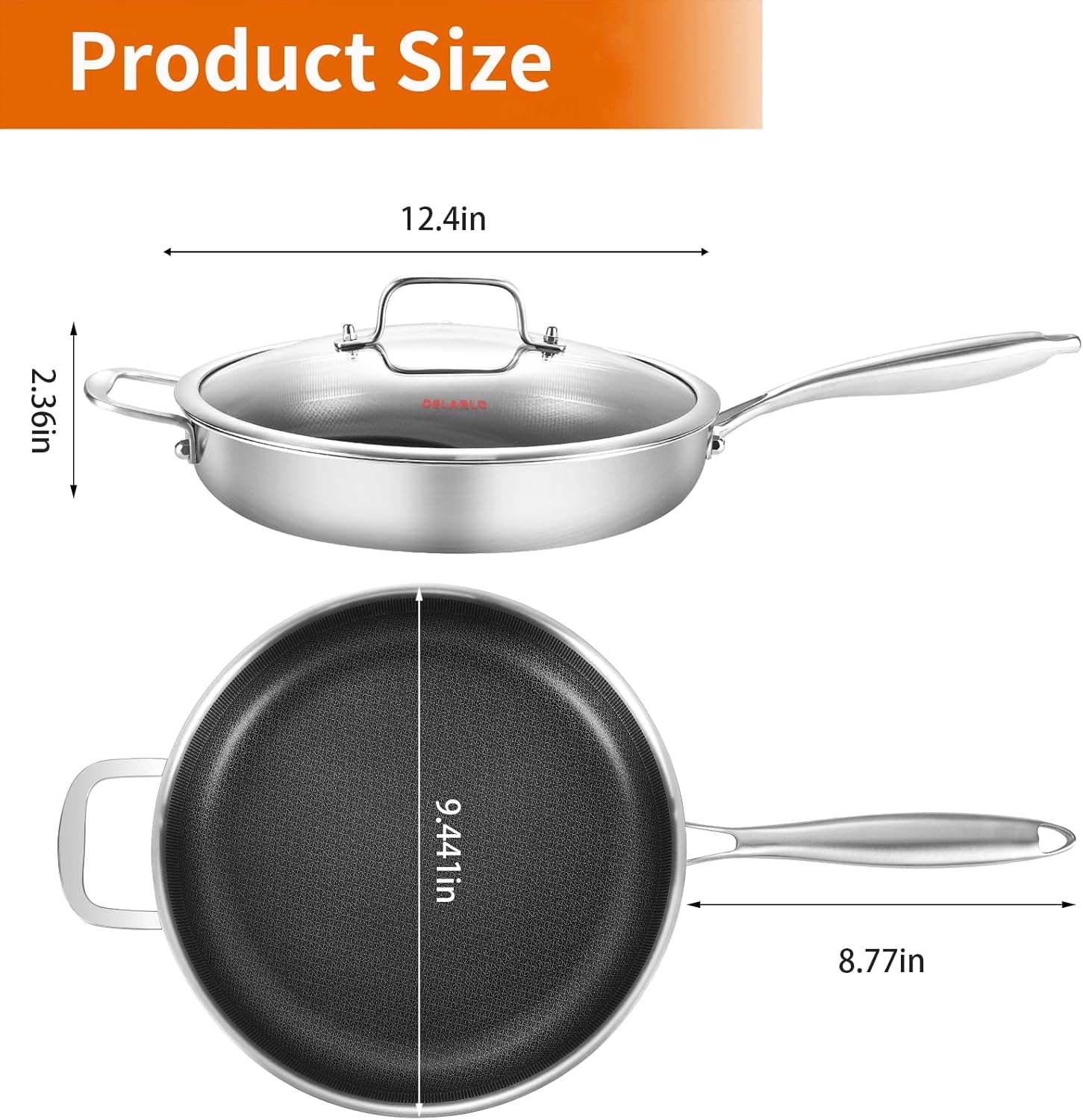DELARLO Sartén de acero inoxidable de tres capas de cuerpo entero de 12 pulgadas con tapa, sartén híbrida de cocina, ollas y sartén de inducción