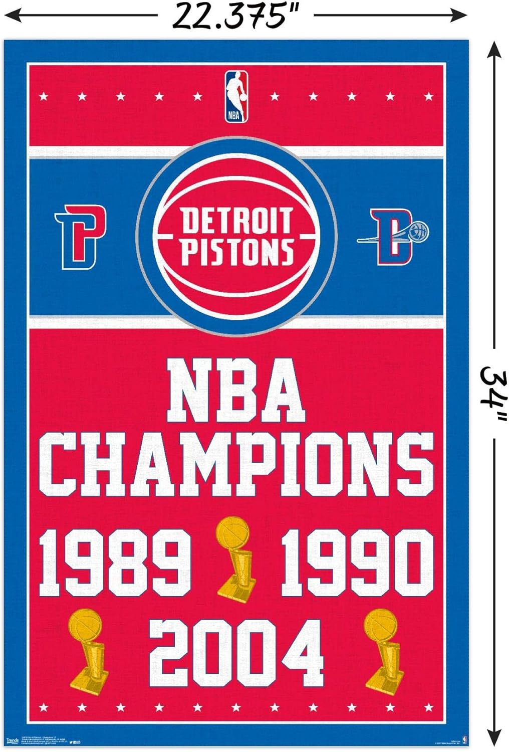 Trends International NBA Detroit Pistons-Champions – Póster de pared, 22.375 x 34 pulgadas, paquete de póster y montaje