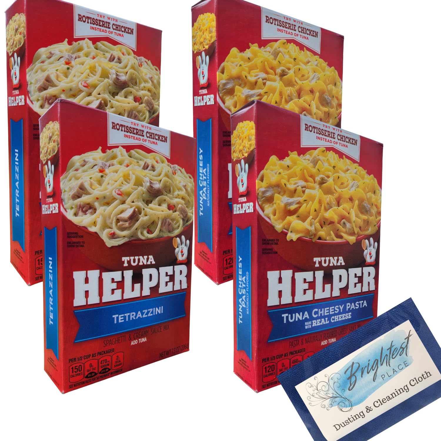 Paquete variado de comida de pasta de tetrazzini con queso y atún en caja, con 4 cajas de ayudante de atún y paño de limpieza Brightest Place