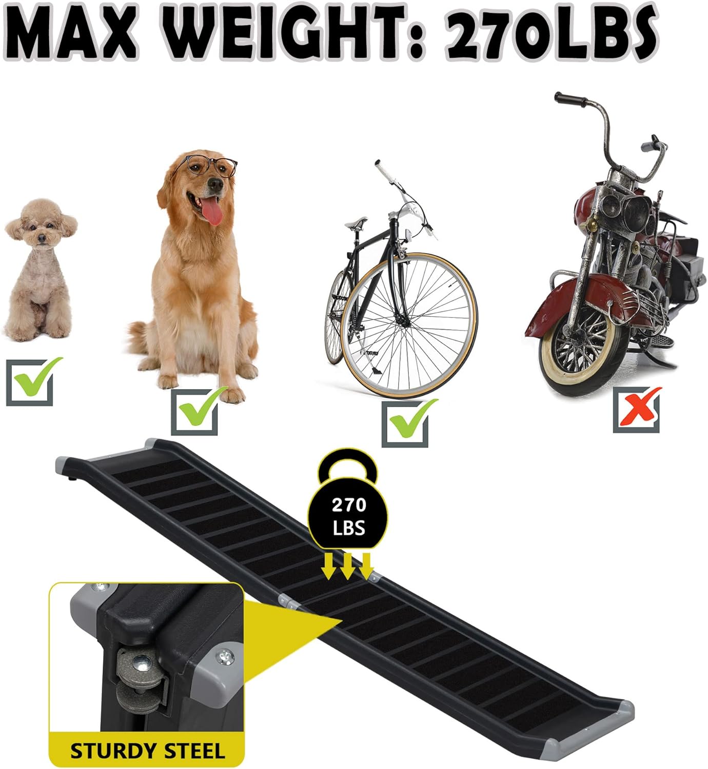 Rampa plegable para mascotas de 63 pulgadas de largo con marco de metal integrado, rampa de coche para perros con superficie antideslizante,