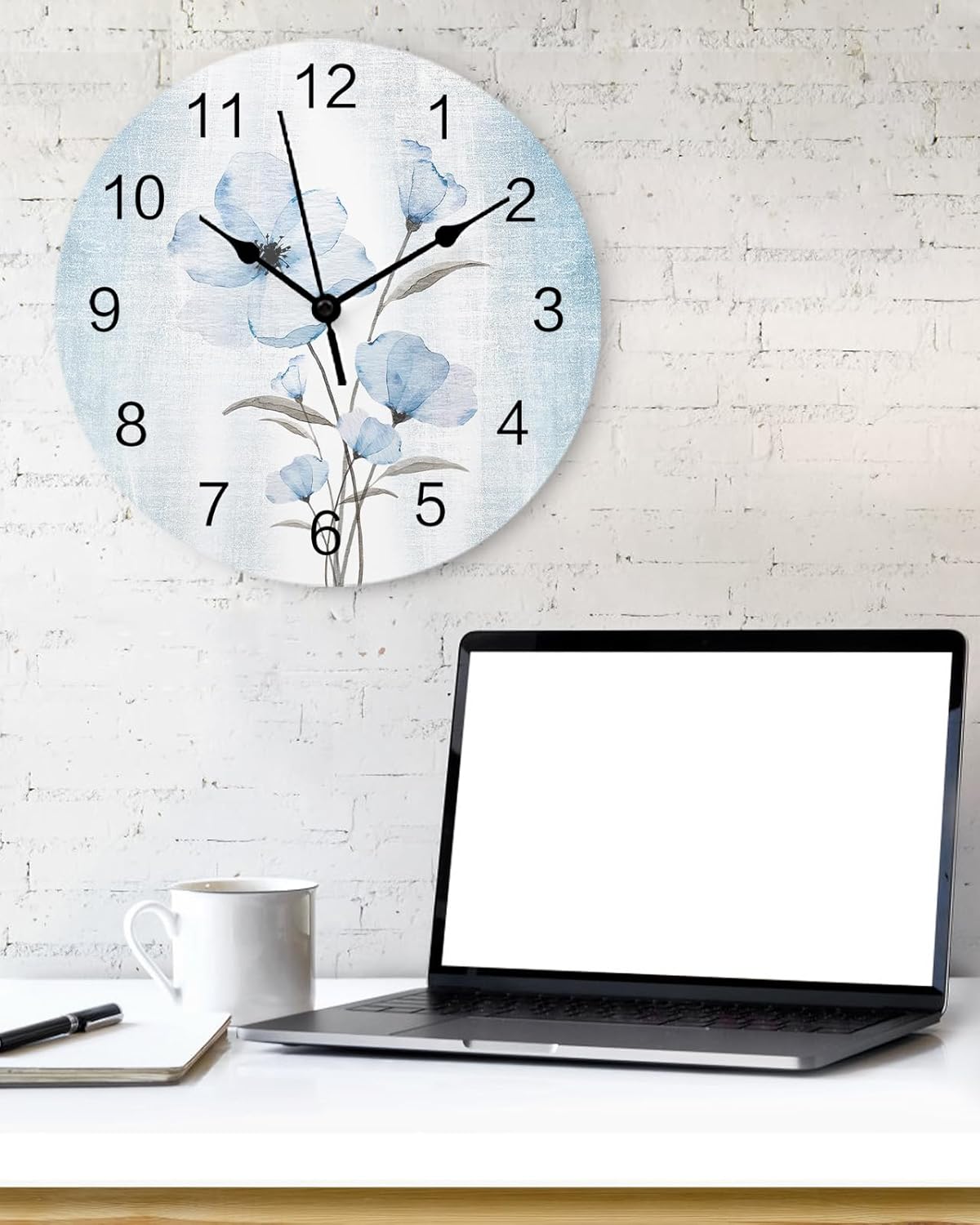 Reloj de pared silencioso sin tictac para la cocina del hogar, reloj de pared con flores azules retro degradadas de 10 pulgadas, funciona con pilas,