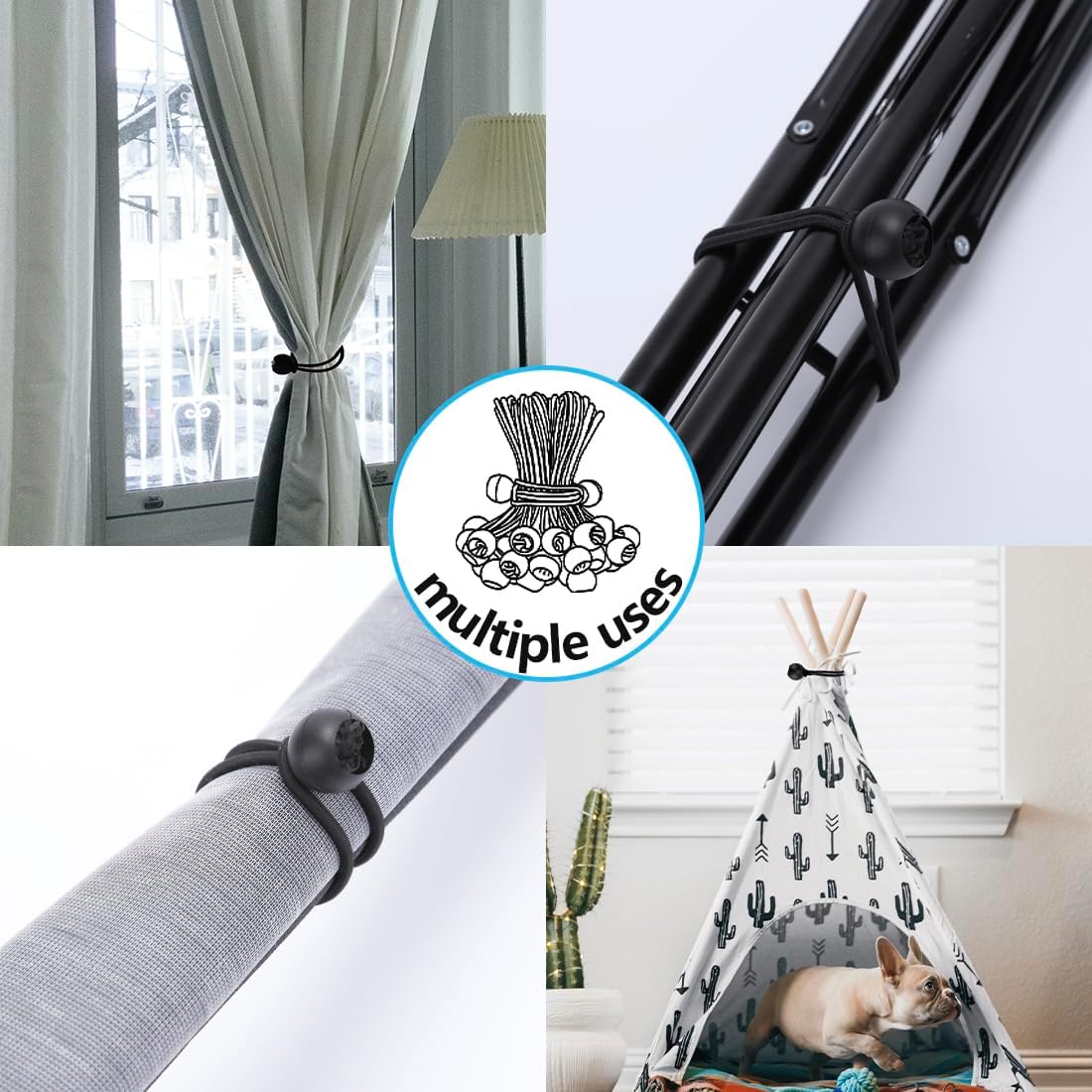50 cuerdas elásticas negras con bolas, cuerdas elásticas reutilizables de 6 pulgadas resistentes al aire libre, lona elástica con bolas para lonas,