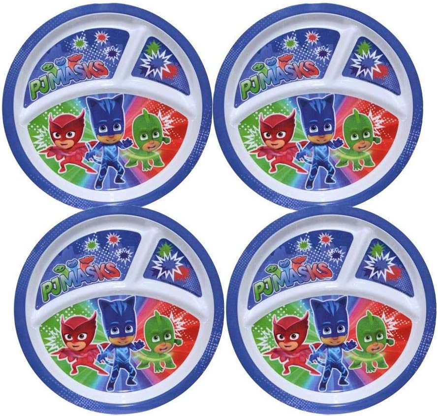 Zak Designs PJ Masks – Paquete de 4 platos reutilizables de plástico de melamina de 8 pulgadas, 3 secciones, sin BPA