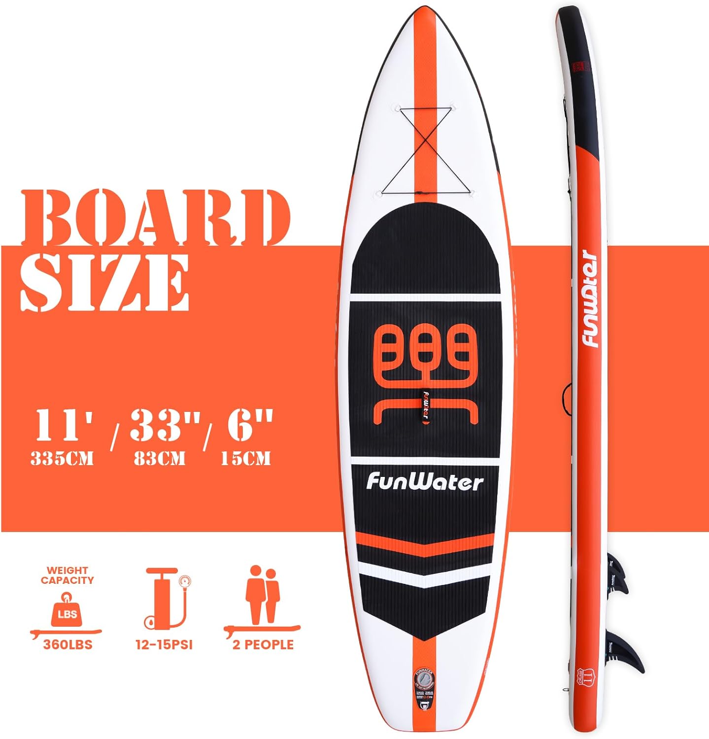 FunWater Stand Up, tabla de Paddle inflable de 11 x 33 x 6 pulgadas, ultra liviana (20.4 libras) con accesorios ISUP, 3 aletas, remo ajustable,