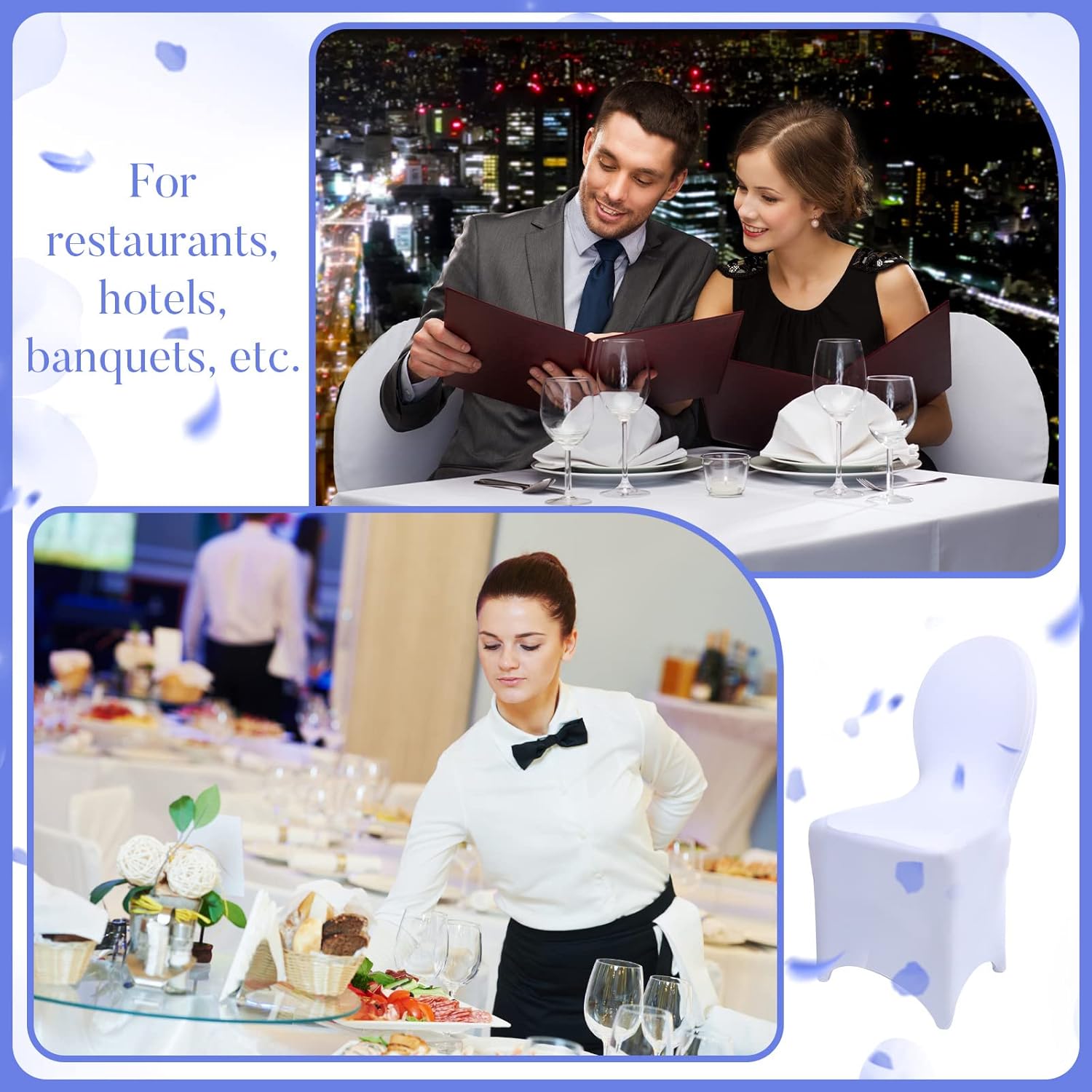 150 fundas blancas para sillas de banquete, de poliéster, parte delantera plana, de elastano, elástica, protector elástico para silla, para bodas,